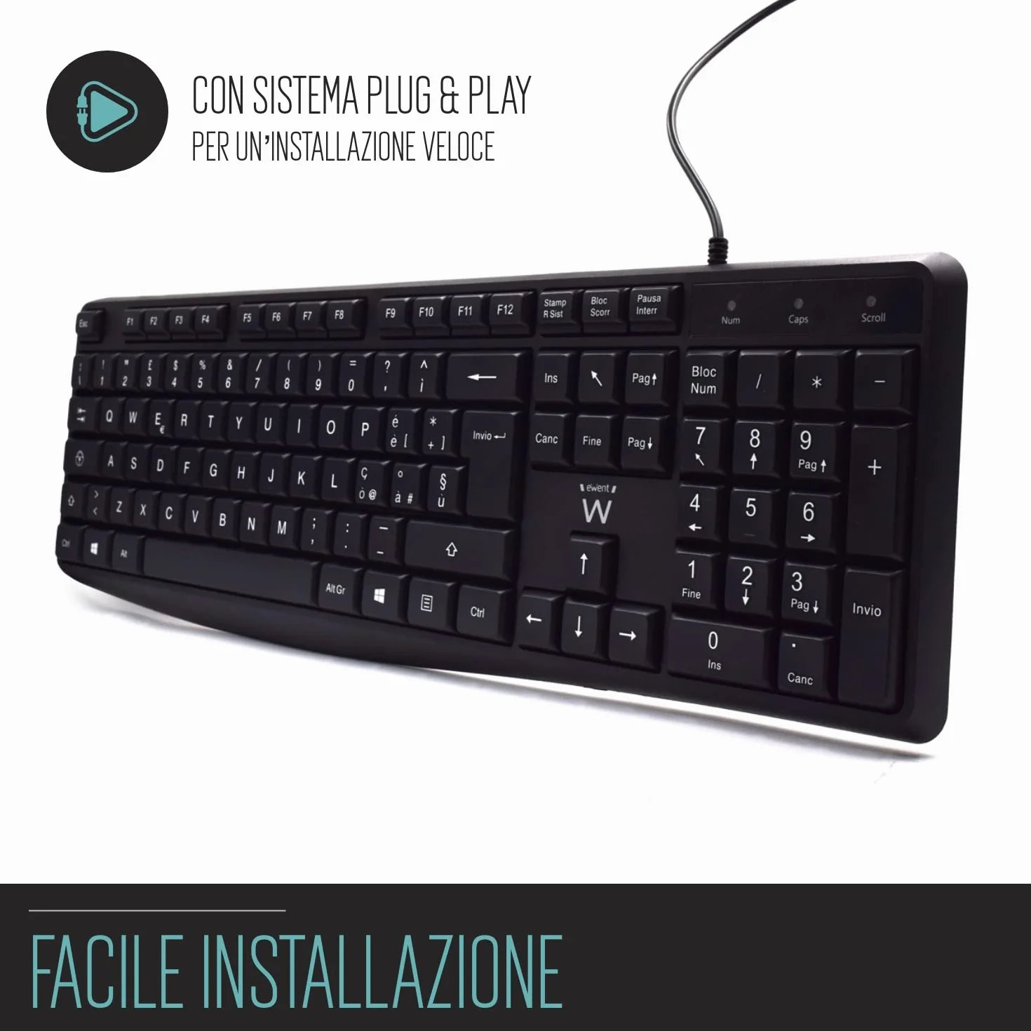 Ewent Tastiera Cablata USB Digitazione Silenziosa Layout QWERTY Italiano PC Notebook Cavo 1.5m Nera