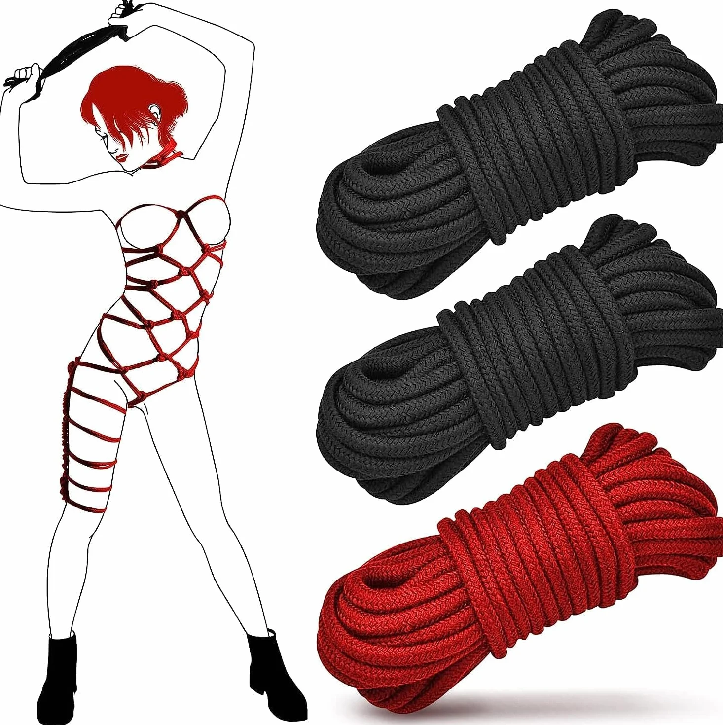 Corda di Shibari BDSM per Principianti Morbido Cotone 3x10M 8MM Set Nero+Rosso