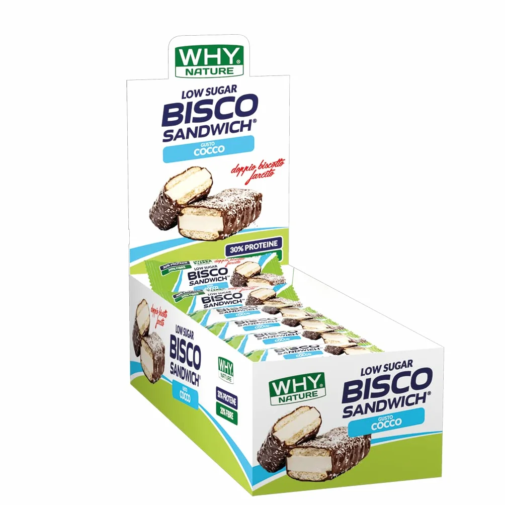 WHY NATURE BISCO SANDWICH Barrette Proteiche Biscotti Proteici Ricoperti di Cioccolato Snack Proteici Gusto Cocco Box 21 Pezzi 45 gr