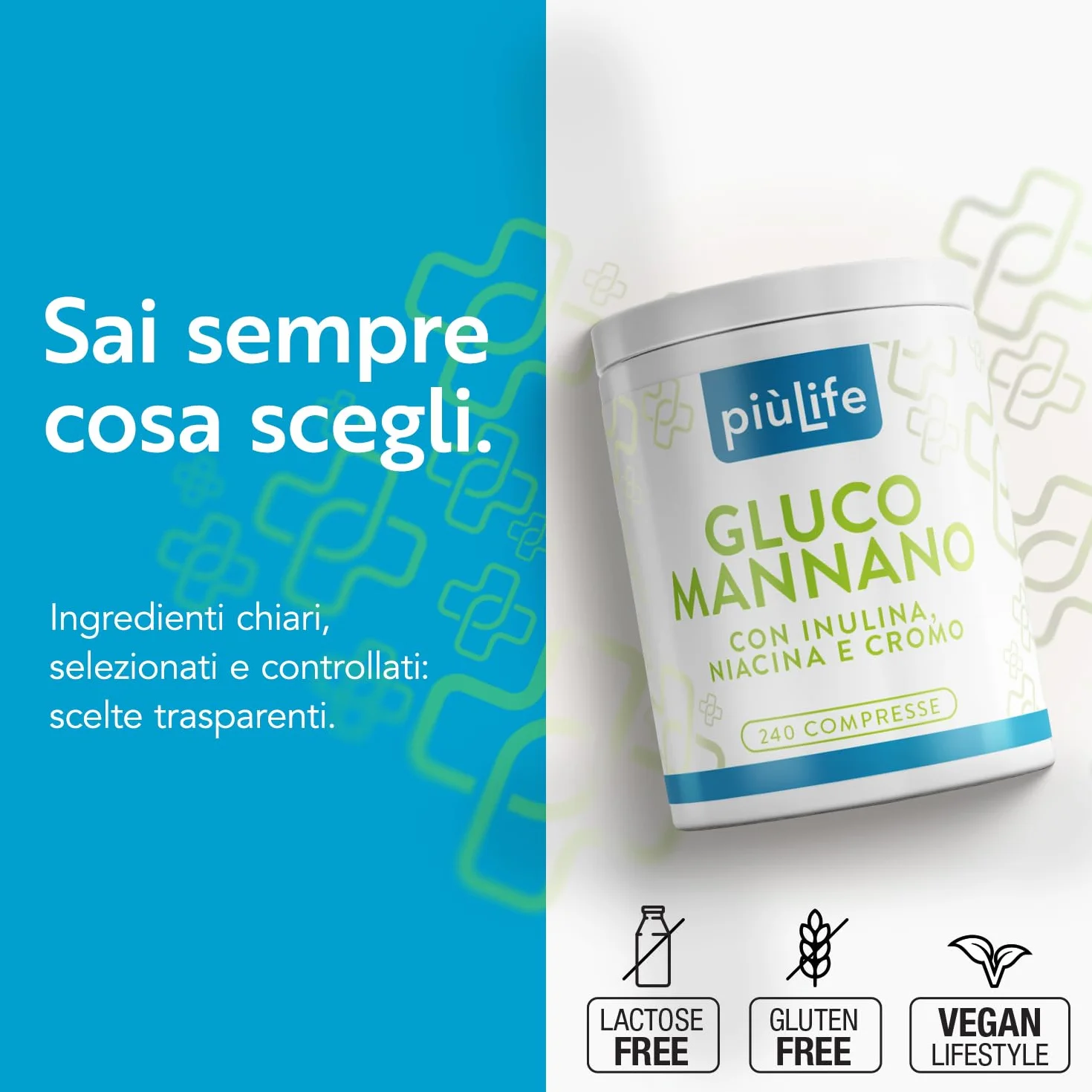 PiùLife Glucomannano Forte 240 Compresse 4000 mg 95% Tit. Con Inulina Niacina Cromo Metabolismo Appetito