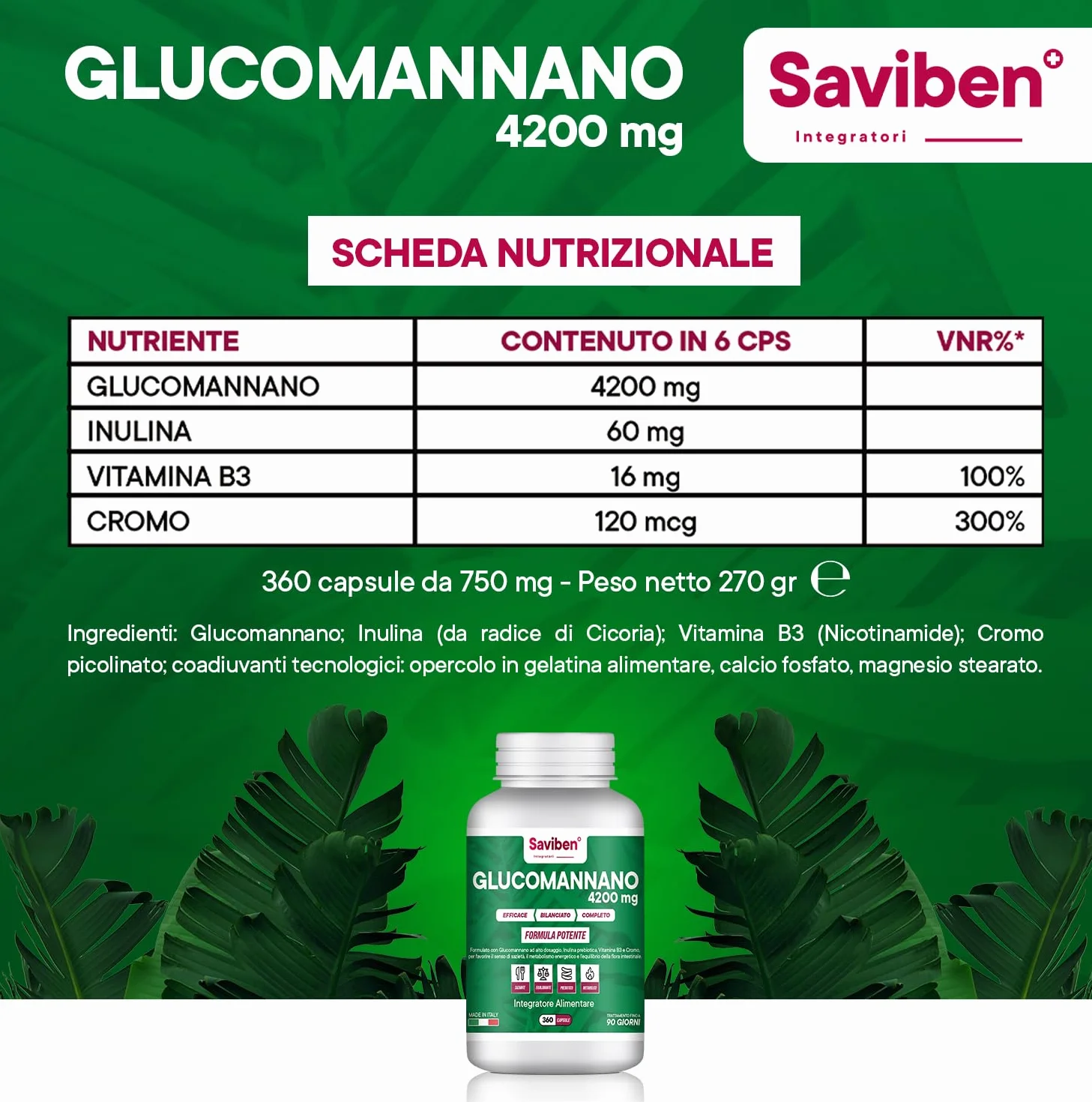Glucomannano Forte 4200mg 360CPS Perdita di Peso Soppressore dell’Appetito con Inulina Cromo Vitamina B3