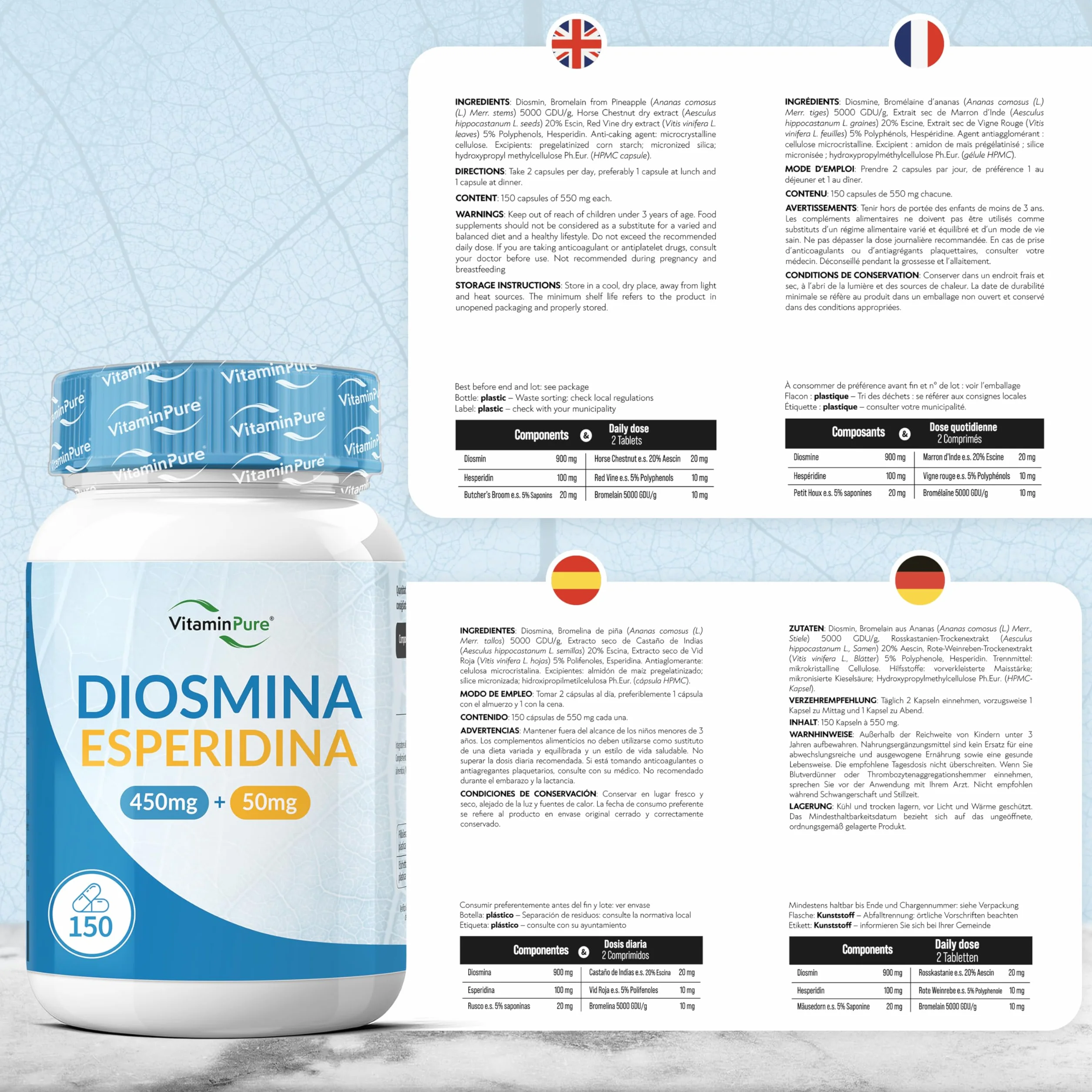 Diosmina Esperidina Alto Dosaggio 1000mg 150 Capsule Vegetali Integratore Microcircolo Circolazione