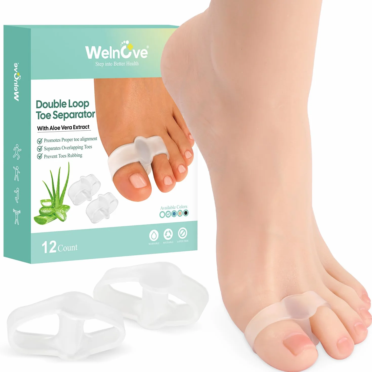 Welnove 12 pezzi Tutore Alluce Valgo Correttore - Divaricatore Alluce Valgo Donna, Raddrizza Dita Piedi, Silicone 0% BPA, Trasparente
