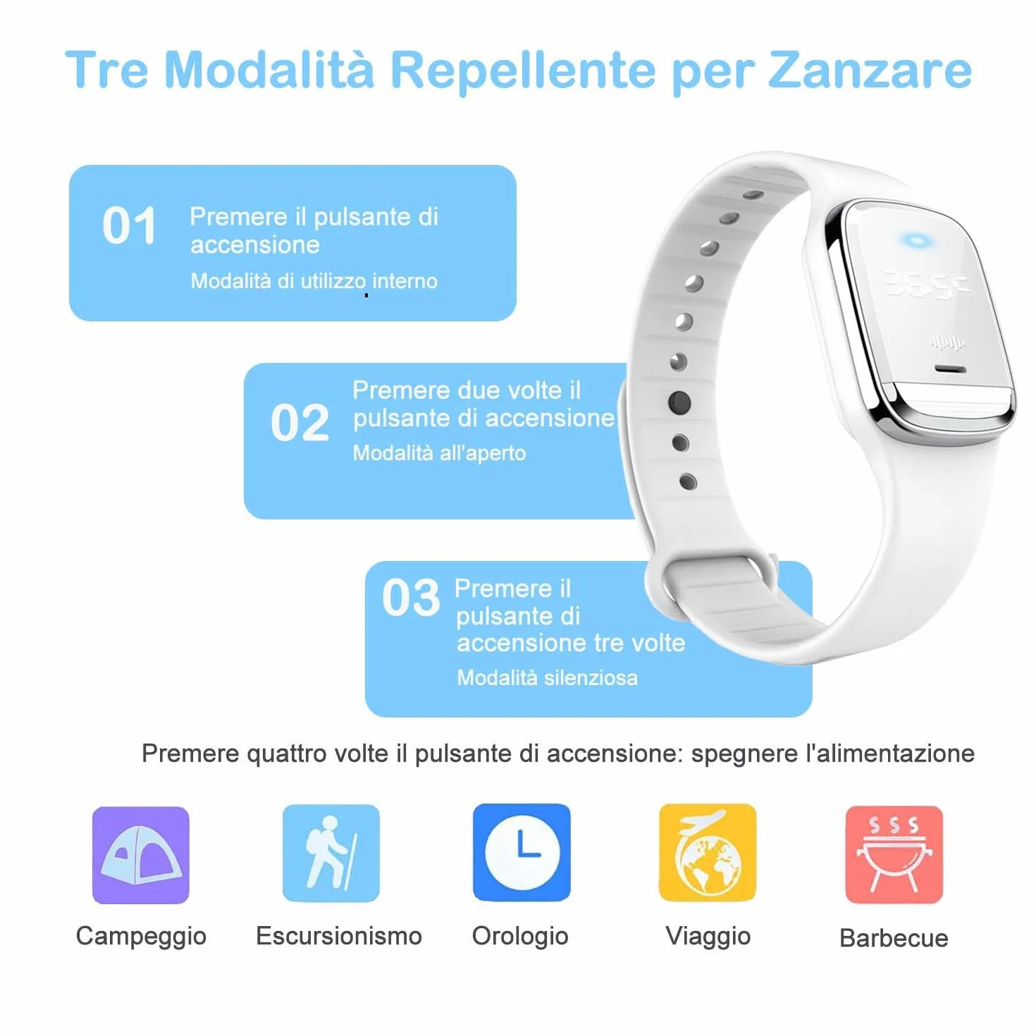 Braccialetto Repellente Zanzare Ricaricabile USB Orologio Ultrasuoni Temperatura Corporea Impermeabile