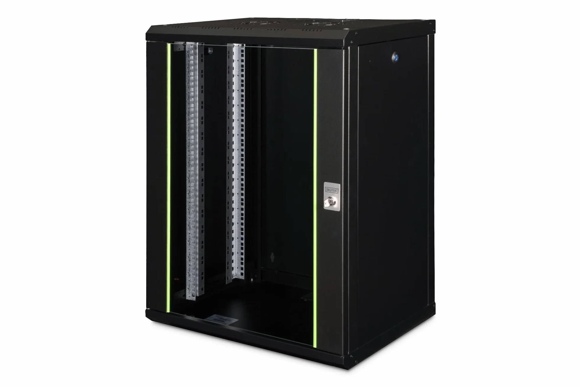 DIGITUS Armadio di rete – Rack da 19 pollici – 16U – 600 mm x 450 mm (LxP) – Profondità utile 370 mm – Montaggio a parete – Portata 100 kg – Porta in vetro di sicurezza – IP20 – Serie Unique – Nero
