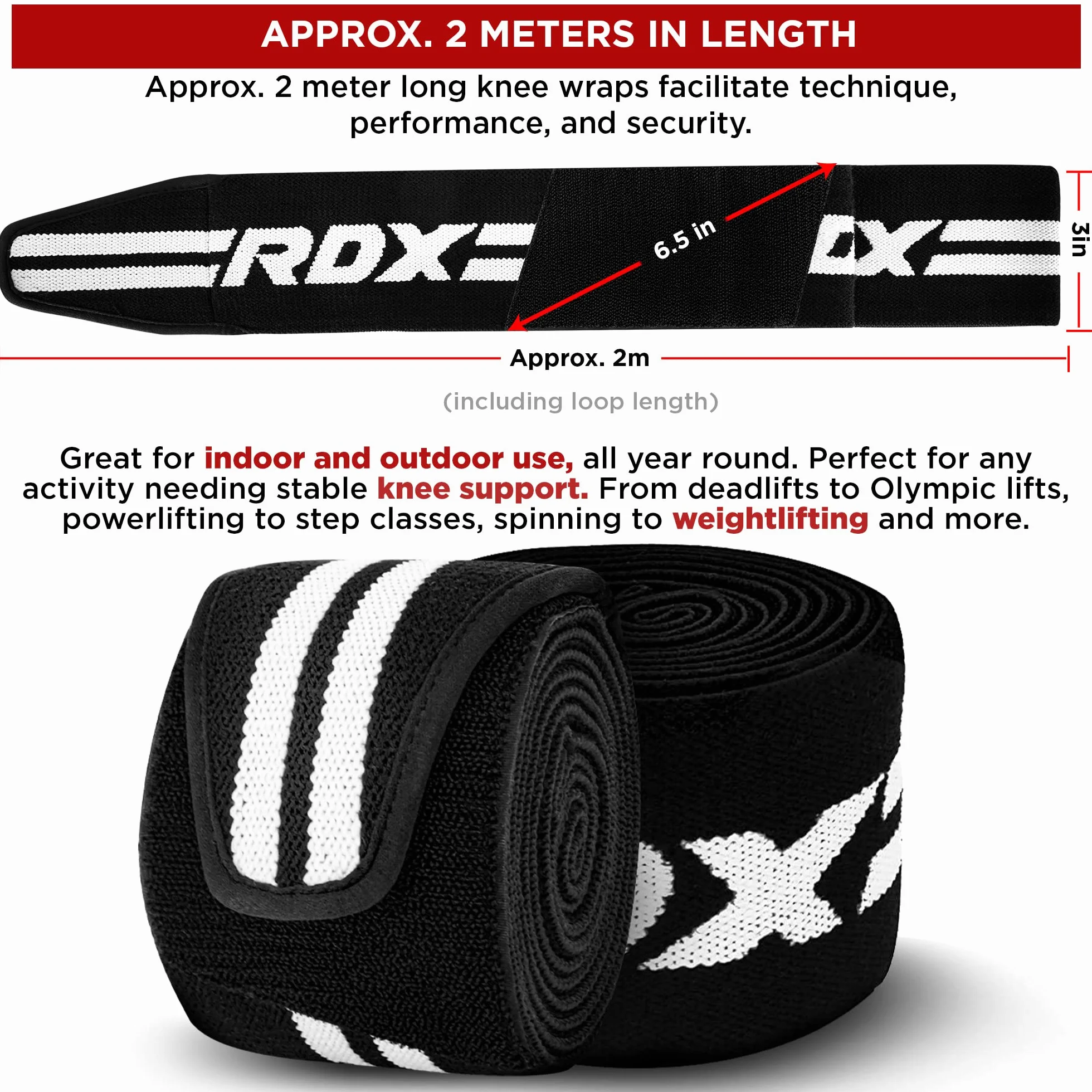 RDX Fascia Powerlifting Ginocchio Supporto 200cm Pesistica Elastica Bendaggio Knee Wraps