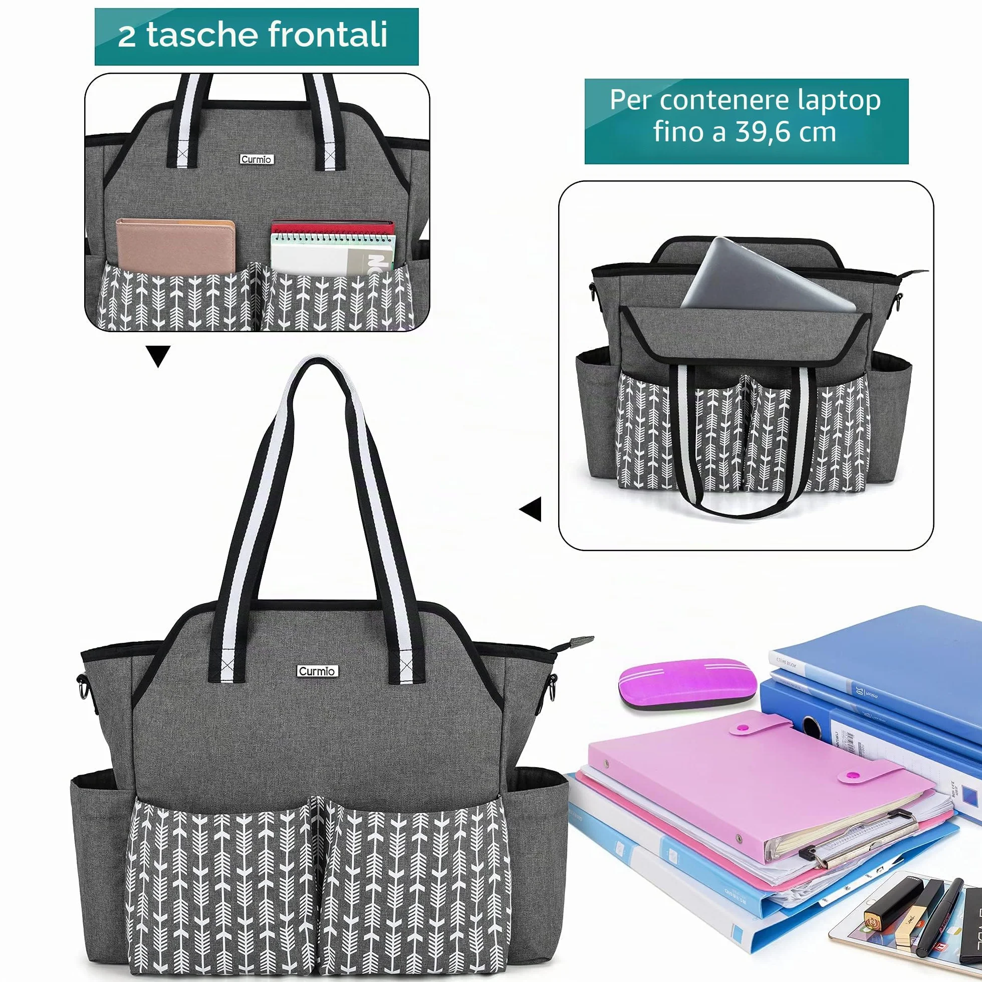 CURMIO Borsa da Lavoro per Insegnanti per Le Donne, Borsa Portatile con Tracolla e Custodia Imbottita per Laptop, Insegnanti, Solo Borsa Grigio