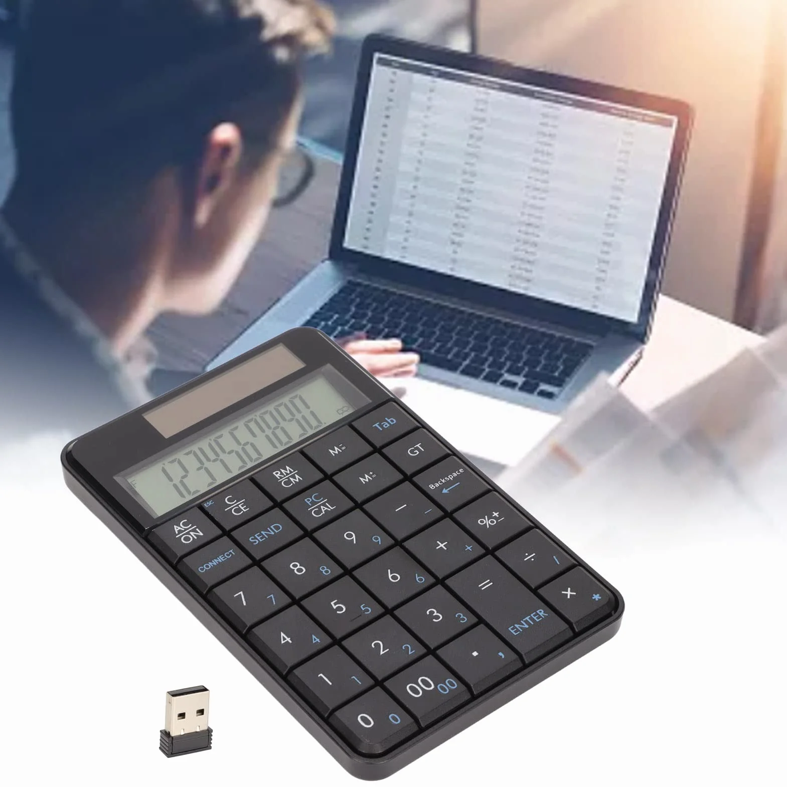 Fabater Tastierino Numerico Wireless con Calcolatrice, Tastiera Numerica da 29 Tasti da 2,4 GHz Tastierino Numerico Ergonomico USB Plug and Play Alimentato Ad Energia Solare per PC Portatile
