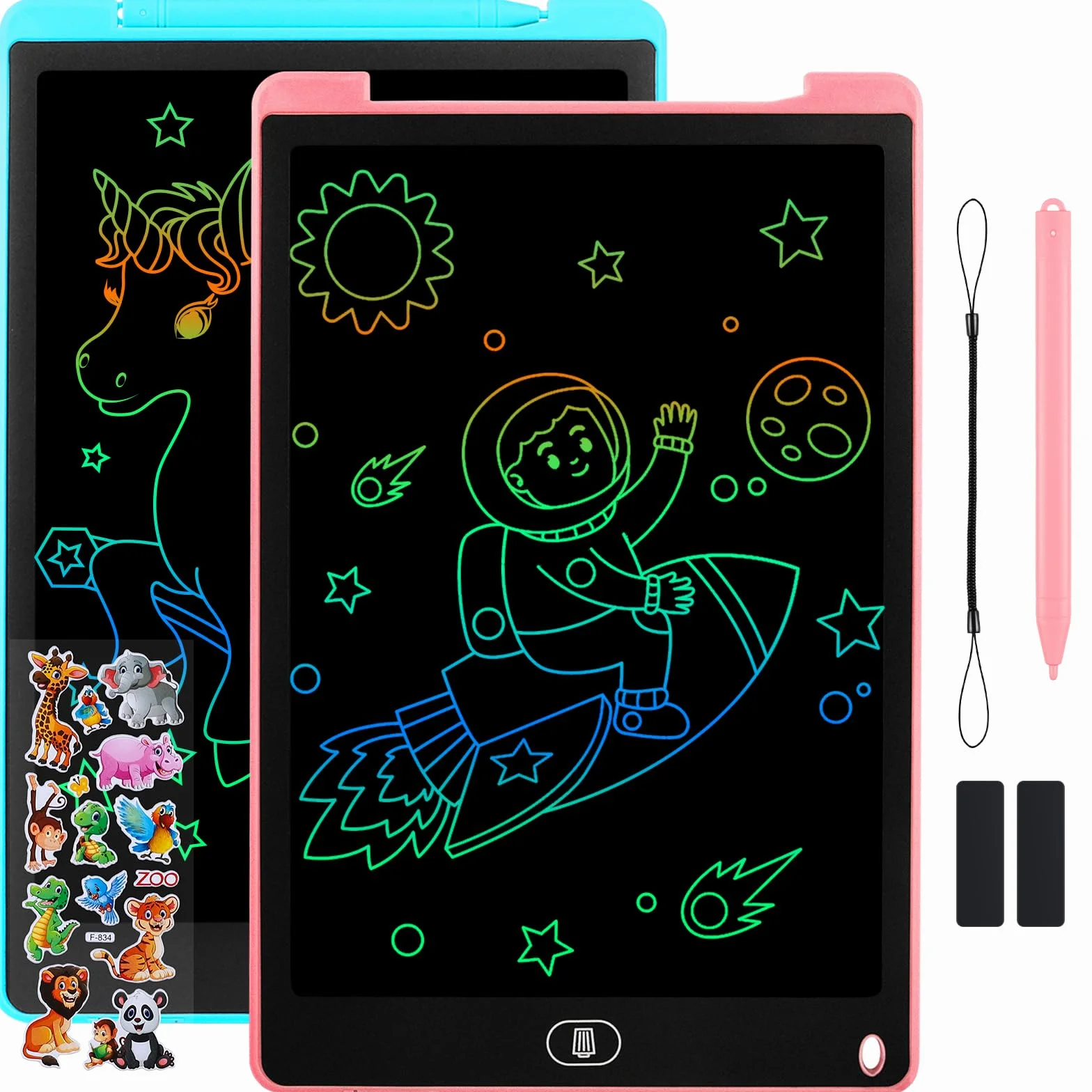 Tavoletta Grafica LCD 12 Pollici 2 Pezzi Schermo Colorato per Bambini 3-6 Anni Blu+Rosa