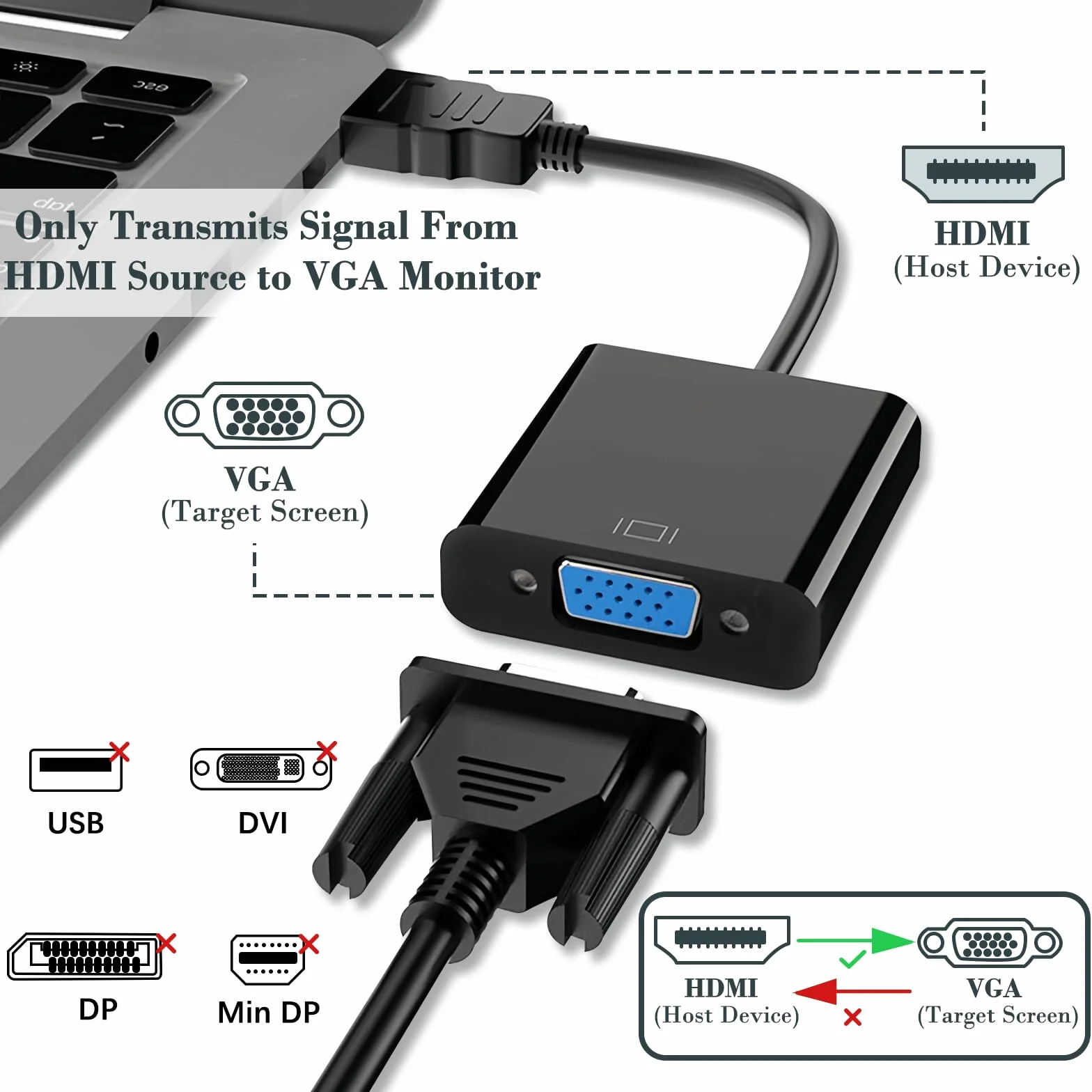 Adattatore HDMI a VGA, Unidirezionale HDMI Computer a VGA Monitor, Placcato in Oro per PC Computer, Desktop, Laptop,PC, TVbox, Xbox, PS3, PS4