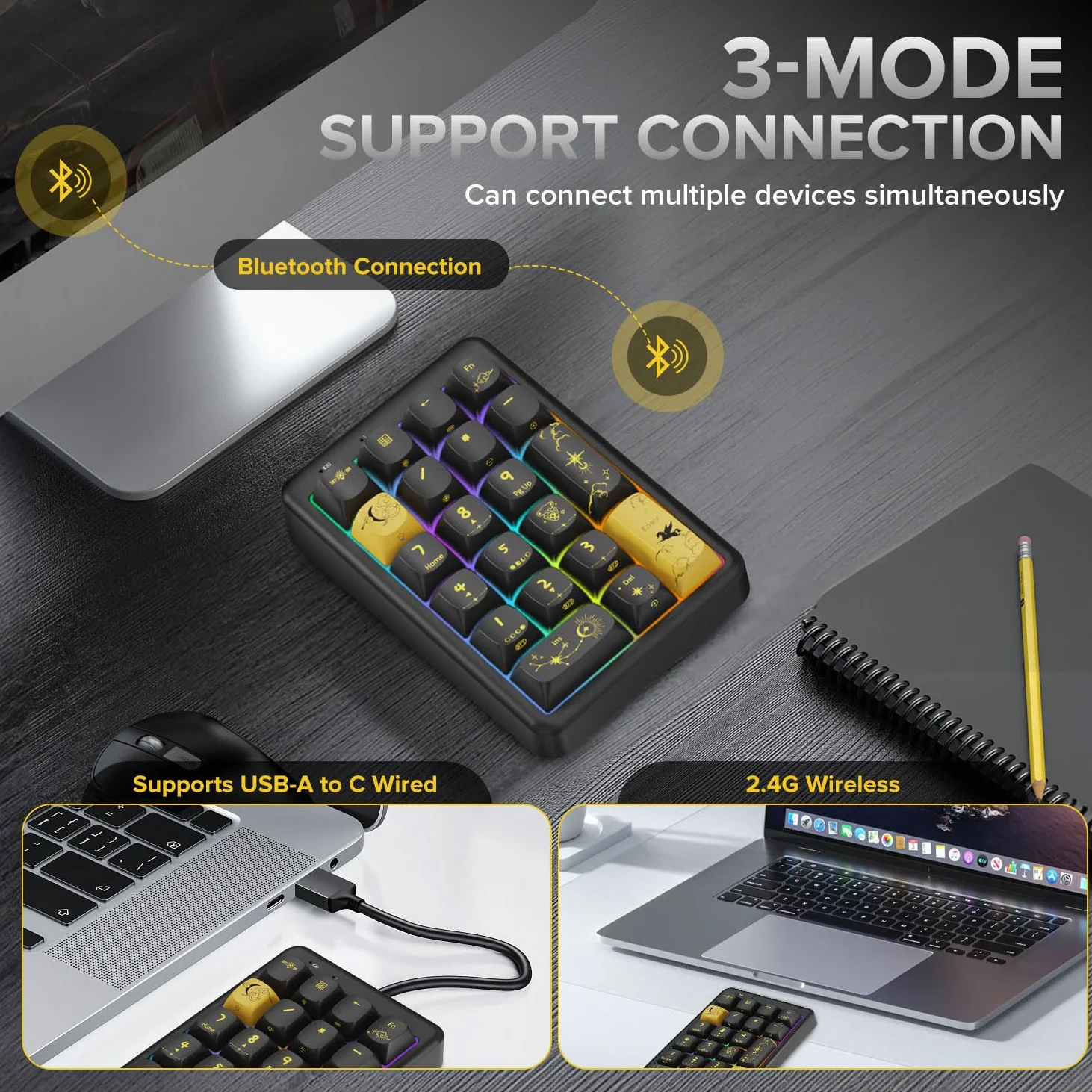 NumberPad, 21 tasti hotswappable, tastiera numerica wireless Bluetooth 5.0/2.4G/Type-C, tastiera numerica ricaricabile, struttura guarnizione RGB, tastiera meccanica con copritasti in PBT, per PC