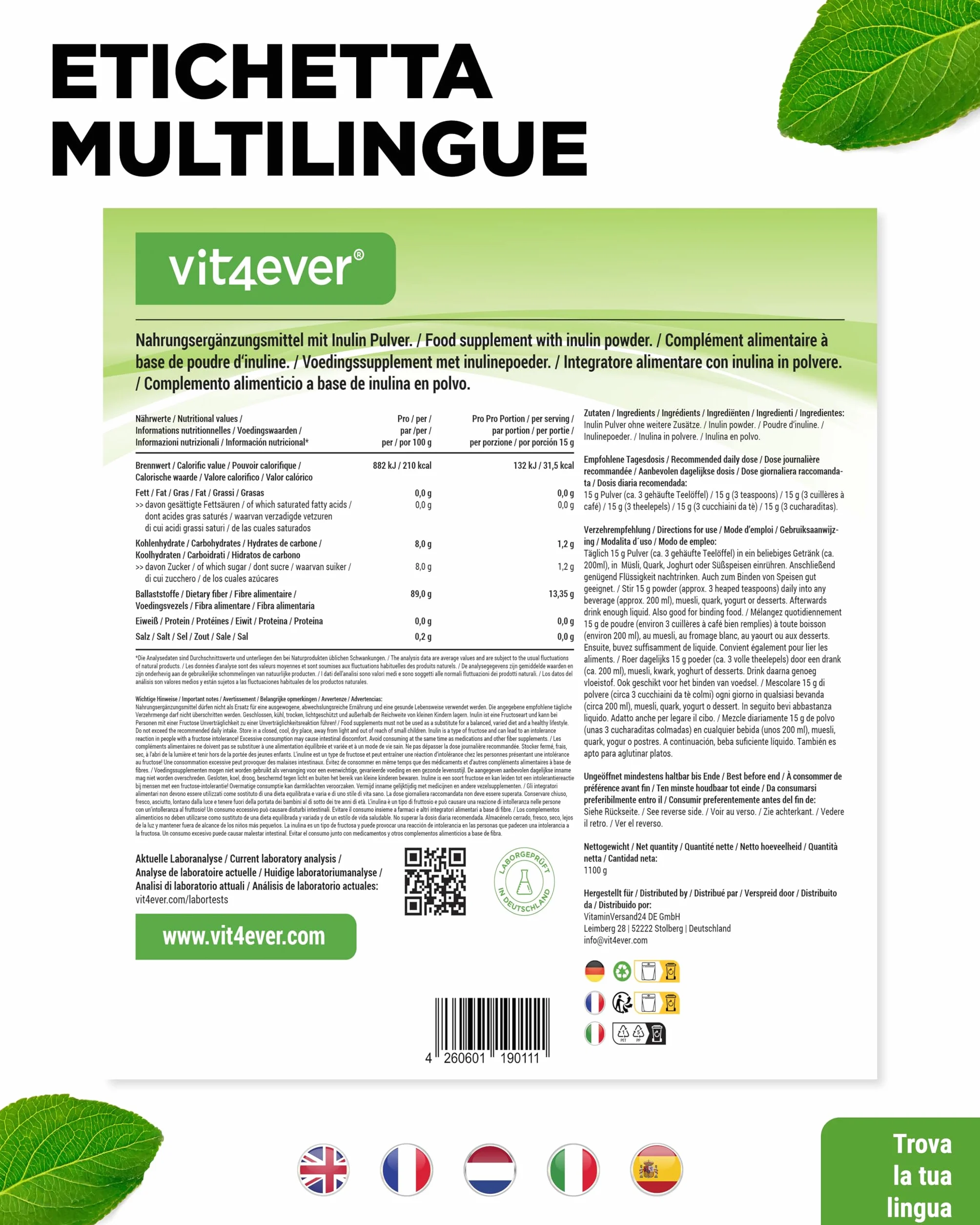 Prebio Inulin Powder 1100 g Prebiotico Fibre Vegan