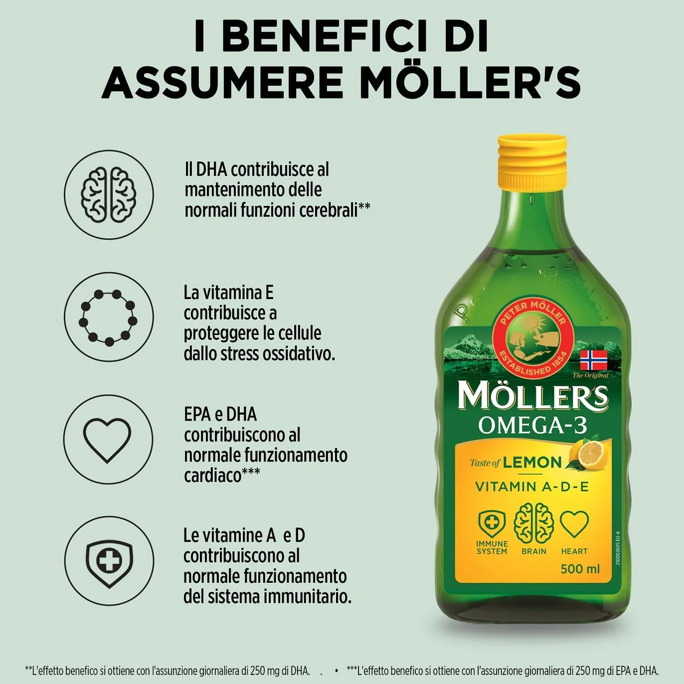 Moller's Olio di fegato di merluzzo Omega 3 500 ml Limone EPA DHA Vitamine A D E