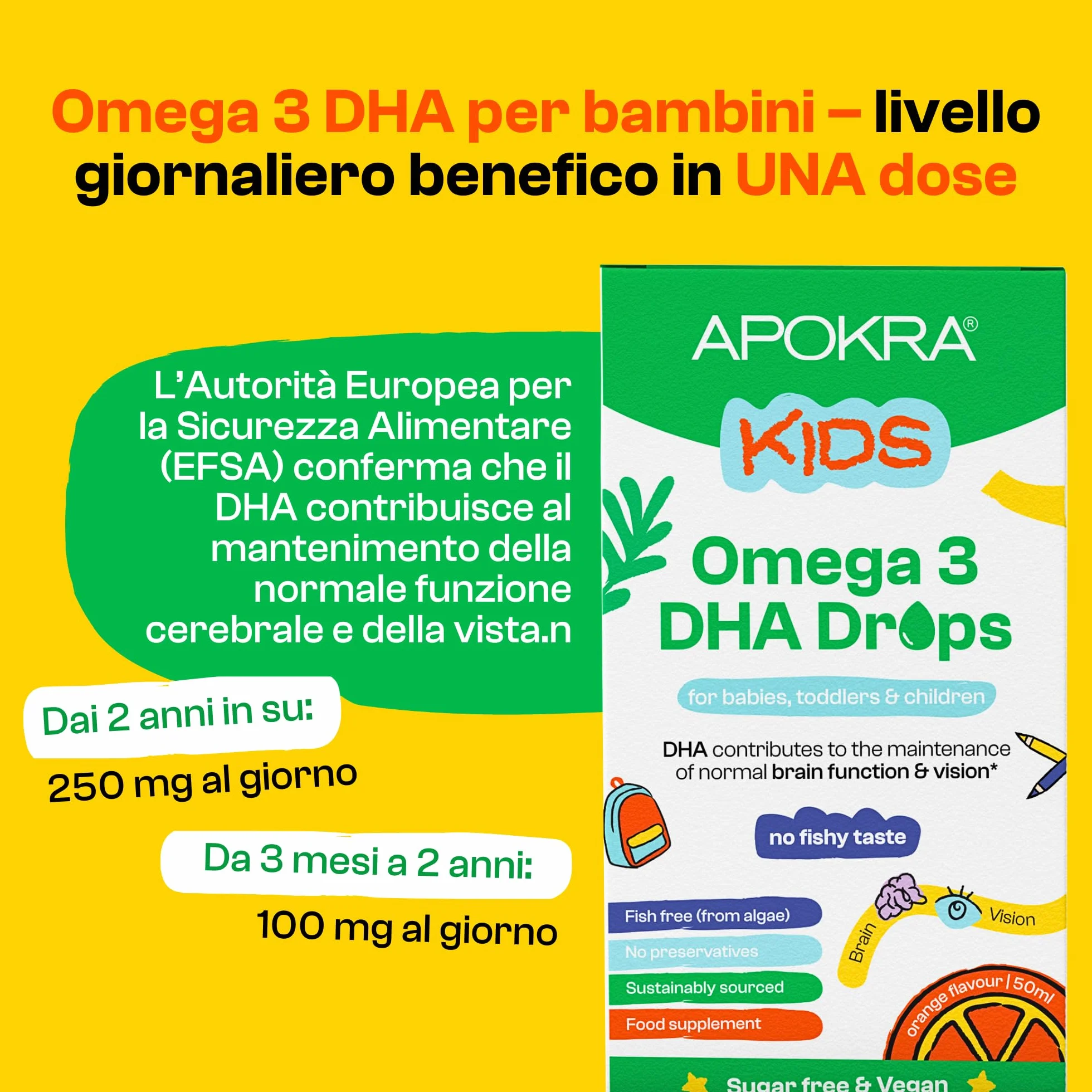 APOKRA Kids Omega 3 Vegan DHA Drops 50 ml Senza conservanti e senza zucchero
