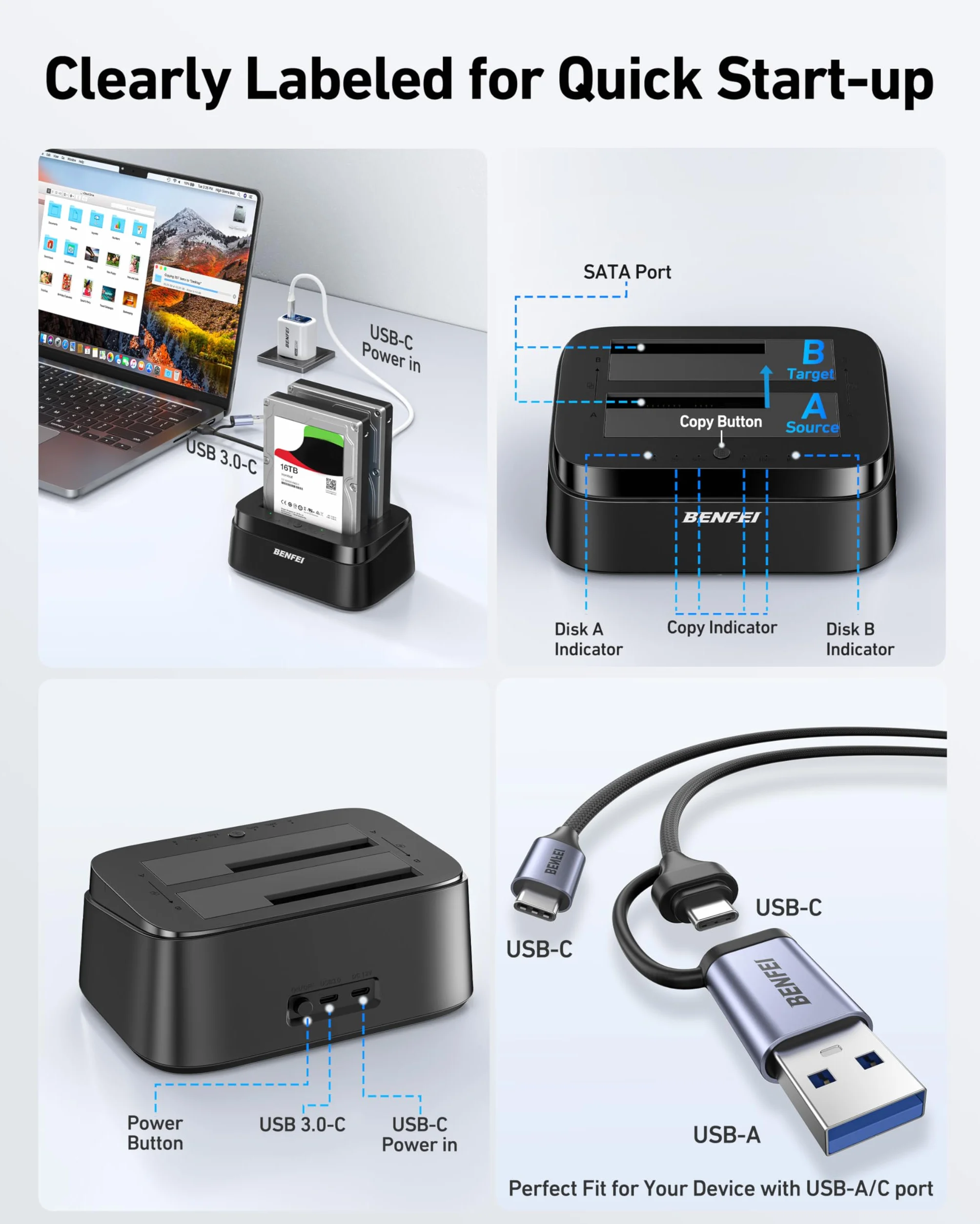 BENFEI Docking station per dischi rigidi con clonazione offline UASP, dock a doppio alloggiamento USB-C per HDD e SSD da 2,5/3,5", 5 Gbps