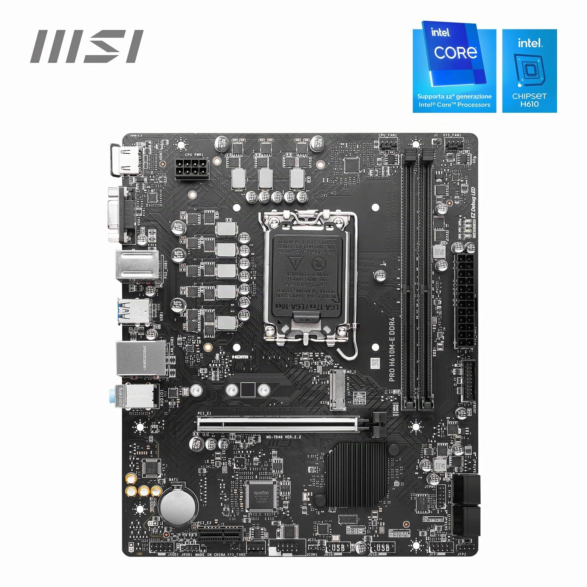 MSI PRO H610M-E DDR4 Scheda Madre, Micro-ATX - Supporta Intel Core 12a e 13a Gen, LGA 1700-2 x DIMMs (3200MHz), 1x PCIe 4.0 x16 slot, 1 x M.2 Gen3, USB 3.2 Gen1, 1G LAN, HDMI 1.4 & VGA