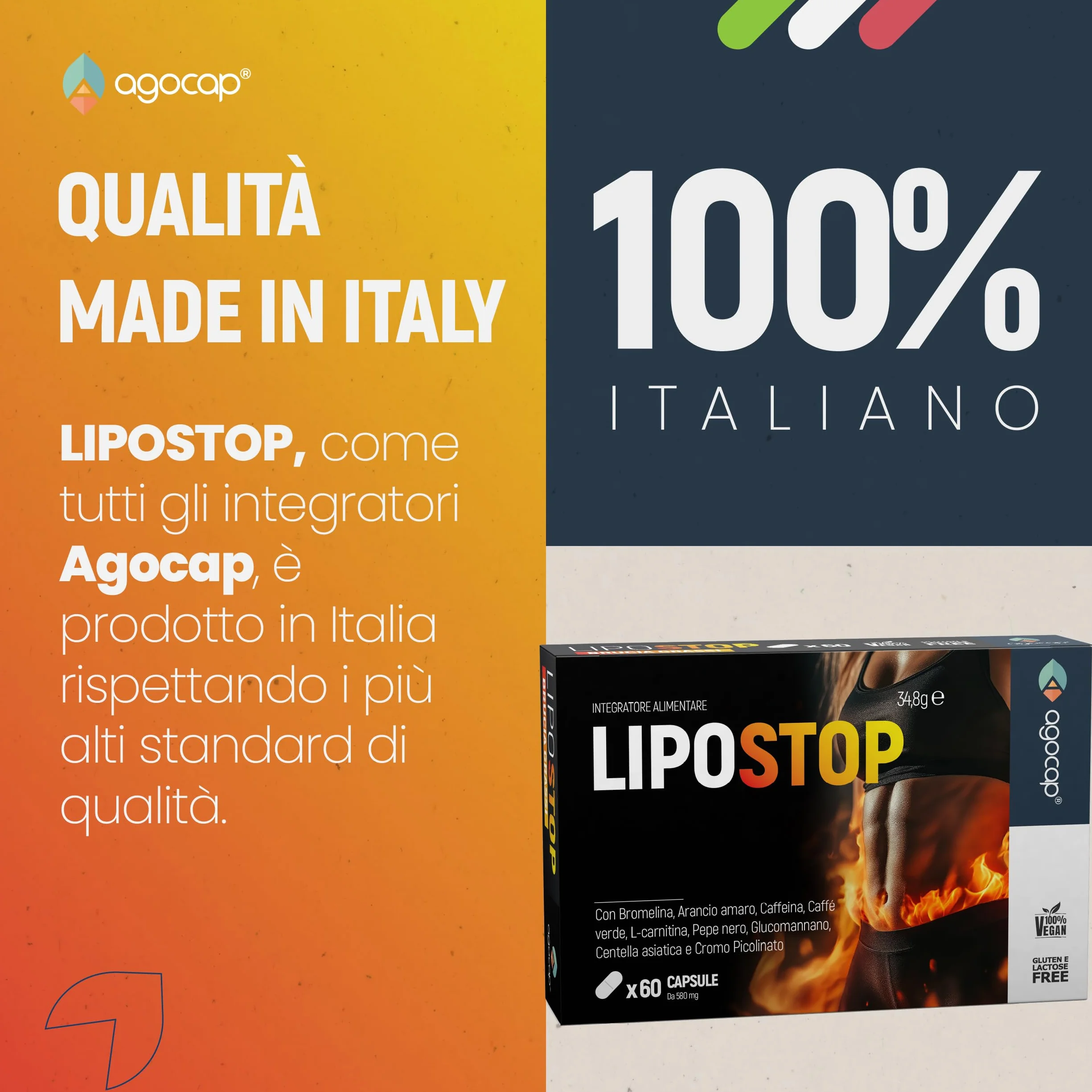 LIPOSTOP Integratore Alimentare con Bromelina, Caffeina, L-Carnitina, Glucomannano – 60 Capsule
