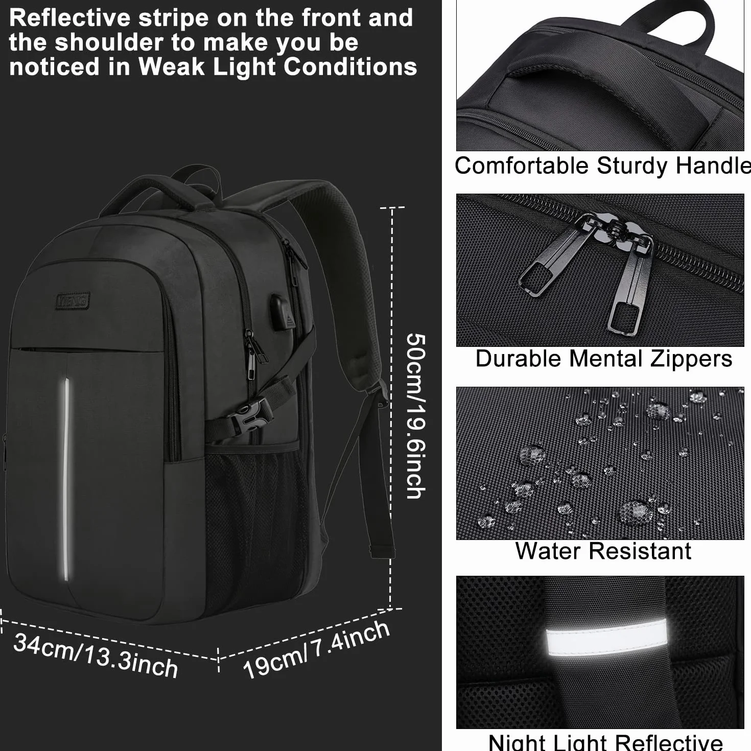 WENIG Zaino Uomo per PC Portatile 17.3 Pollici, Lavoro Uomo Impermeabile Antifurto, per Laptop, Computer Notebook Borse con Caricatore USB per Viaggio Ufficio Scuola-Nero