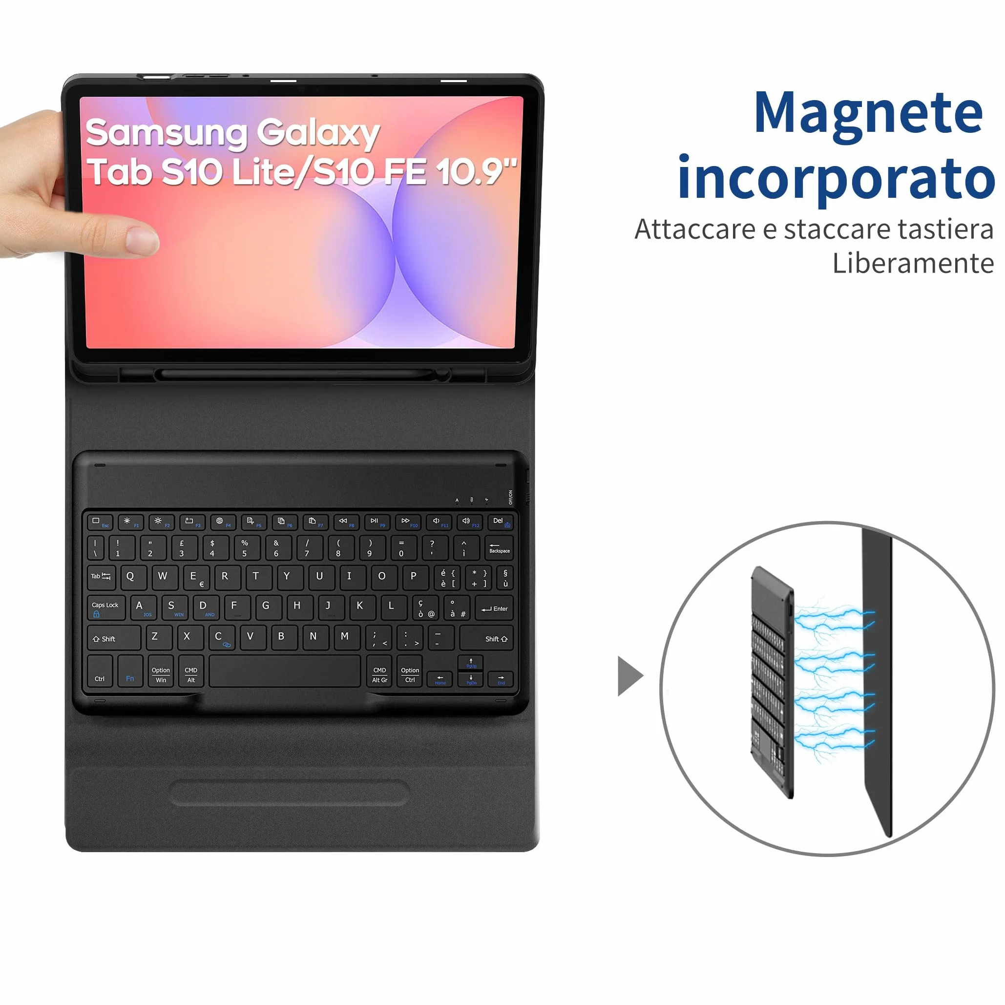 EasyAcc Cover con Tastiera Compatibile con Samsung Galaxy Tab S10 Lite/S10 FE/S9 FE/S9 10.9"/11"(2025/2023) con Pellicola Protettiva, [Italiano], Tastiera Rimovibile con Portapenne, Nero