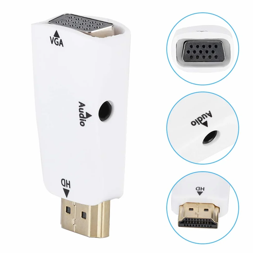 Garsent Adattatore HDMI a VGA 1080P Adattatore convertitore Femmina a VGA Femmina con Cavo di Uscita Audio 3,5 mm(Bianca)