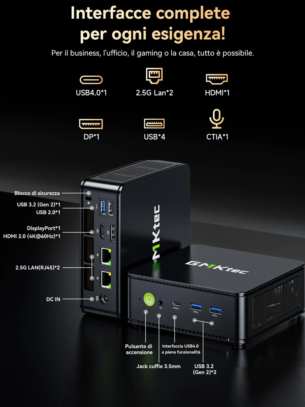 GMKtec Gaming Mini PC Ryzen 5 7640HS AMD Radeon 760M 16GB DDR5 512GB PCIe3.0 SSD Doppia LAN 2.5G WiFi 6E Triplo Display 4K USB 4.0