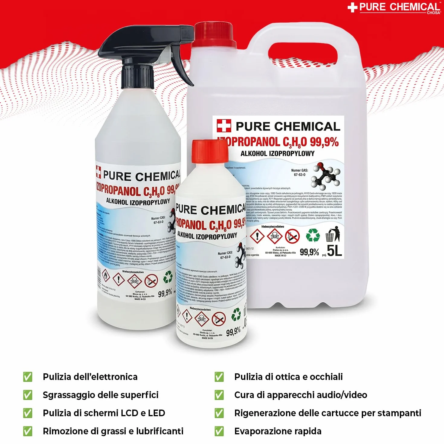 CHOSA Alcool Isopropilico 99,9% Spray 1 Litro - IPA per Pulizia Elettronica Schermo Monitor Telefono PC