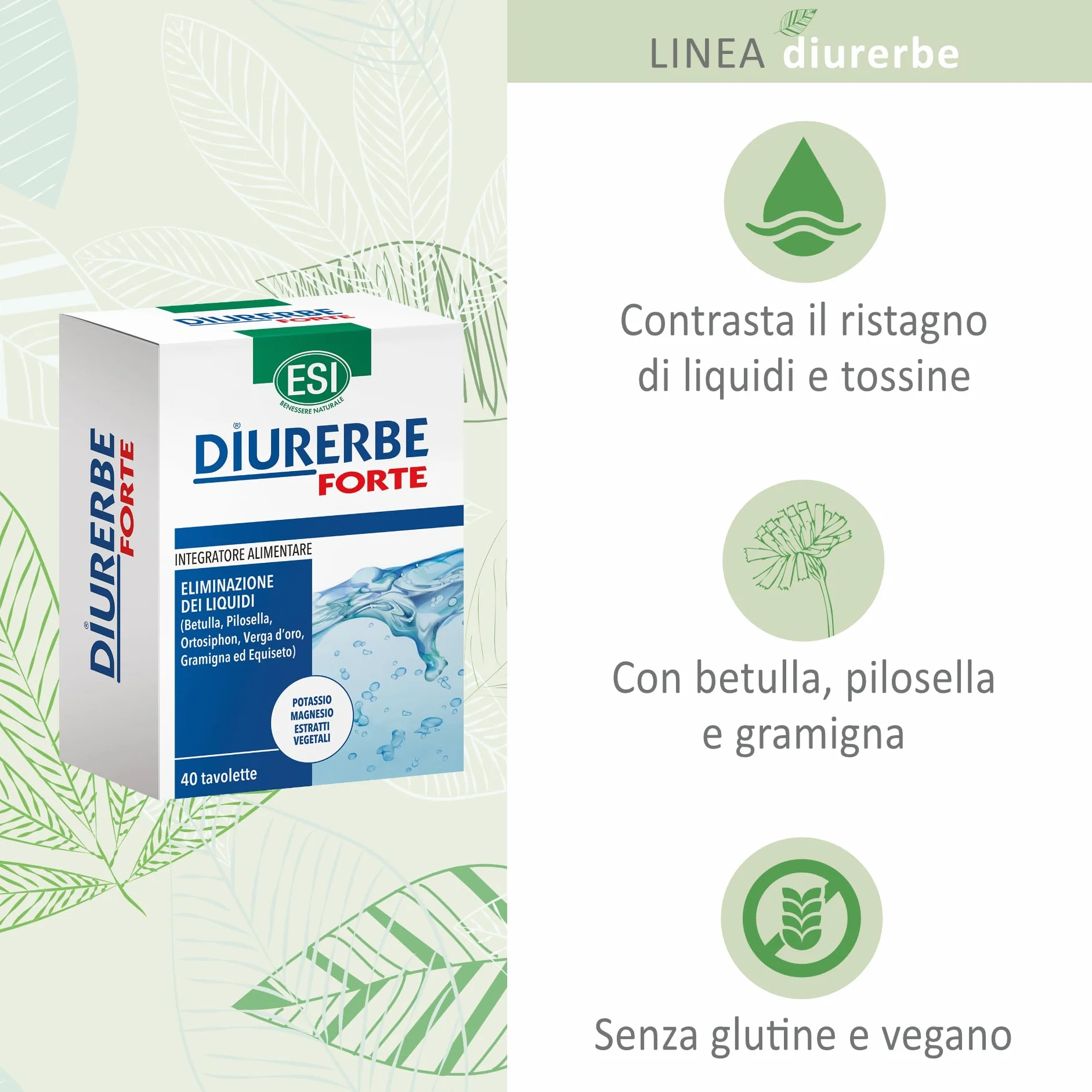 Diurerbe Forte Integratore Alimentare Betulla Pilosella Gramigna 40 Tavolette Senza Glutine Vegano