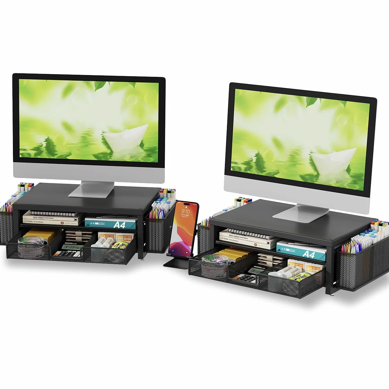 Supporto per monitor in metallo con cassetto e 2 portapenne, per scrivania, accessori da scrivania e supporto per schermo del computer, per stampante (nero) (confezione da 2)