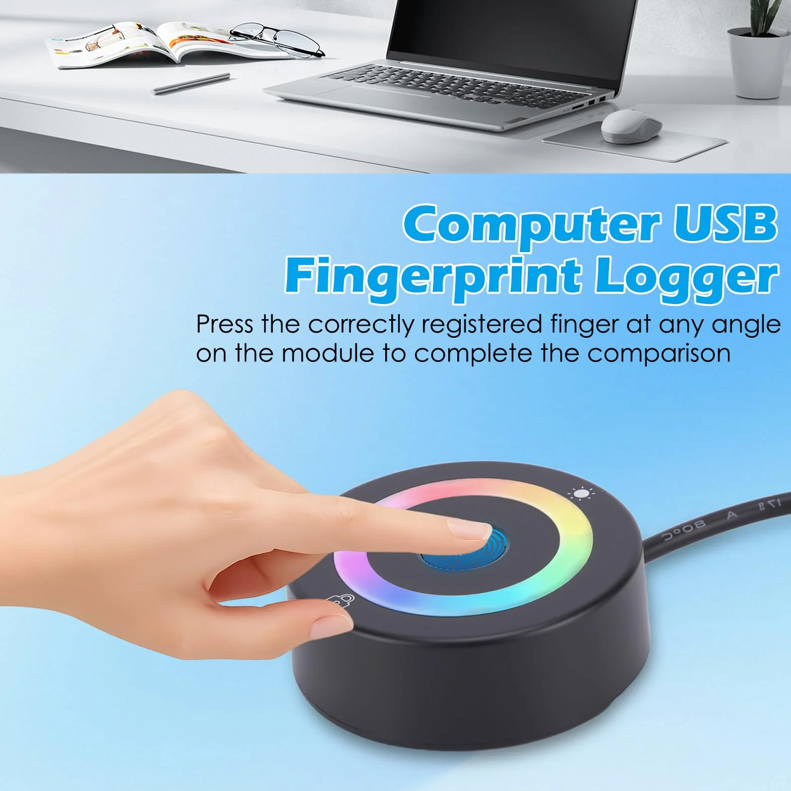 Logger per impronte digitali USB, con luci che cambiano colore, blocco software di rilevamento delle impronte digitali capacitivo con luci che cambiano colore all'accensione, compatibile con Windows