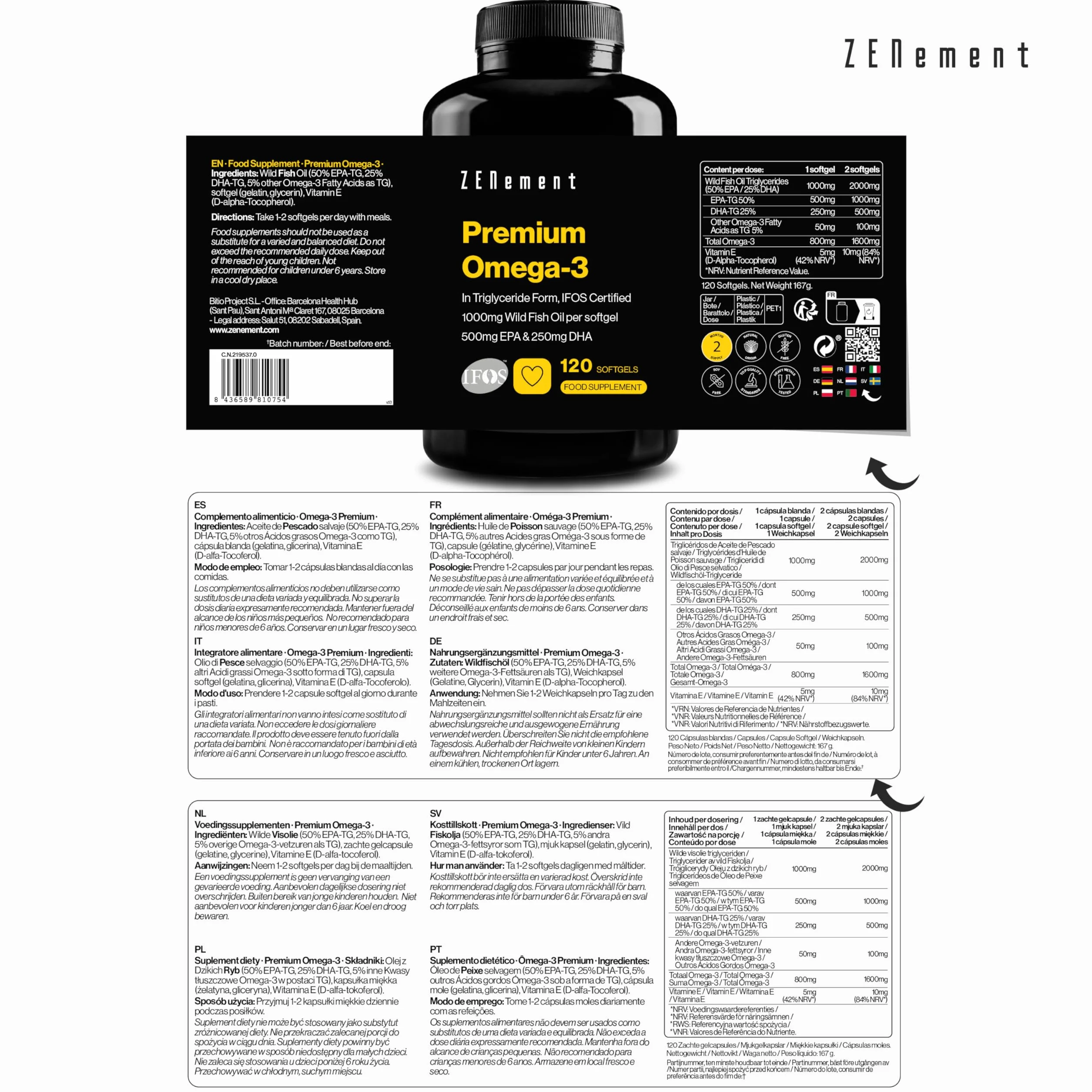 Omega 3 IFOS Trigliceridi 1000 mg EPA 500 mg DHA 120 Capsule Softgel Olio di Pesce Selvaggio Certificato FOS
