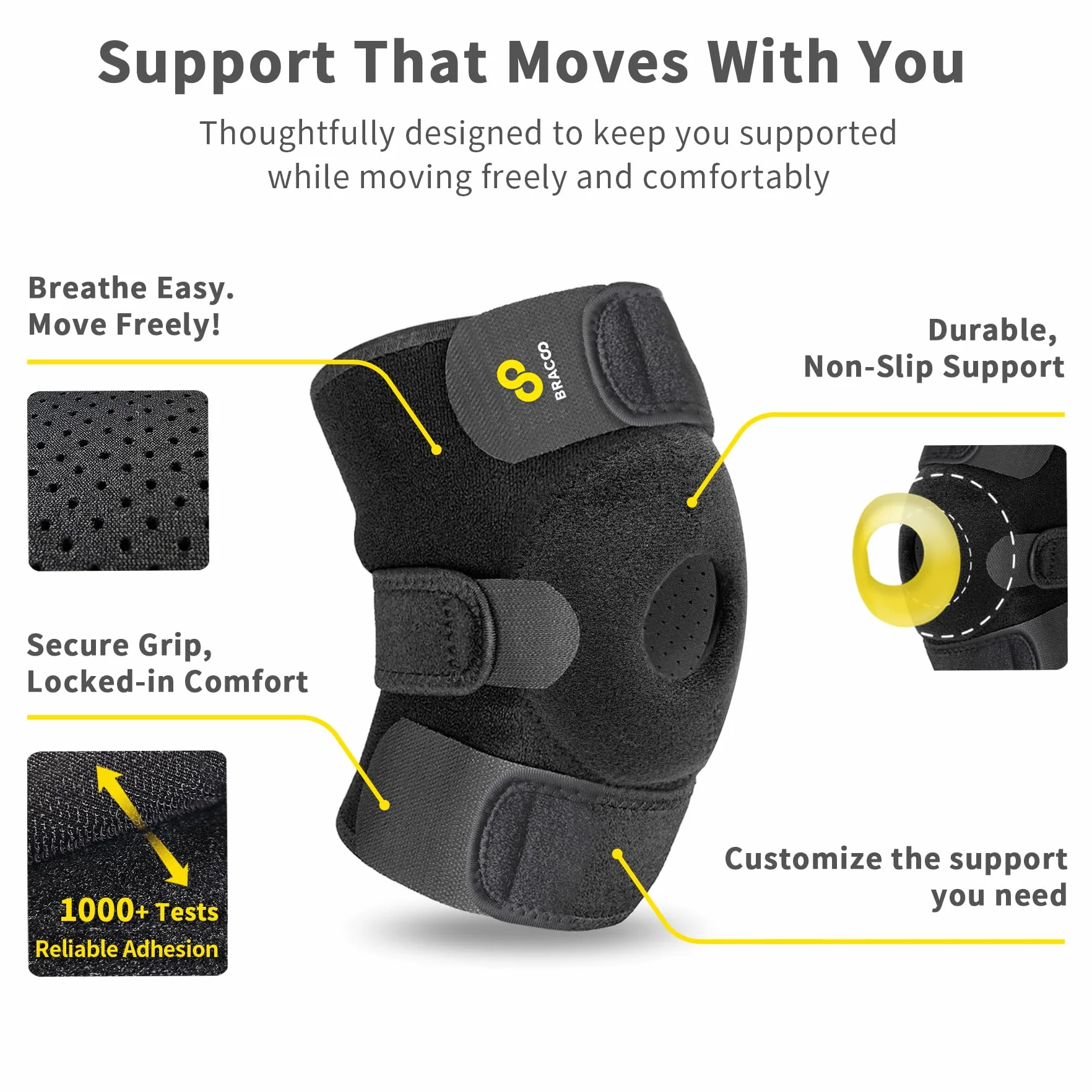 Bracoo Ginocchiera Ortopedica Regolabile in Neoprene Tutore Ginocchio per Menisco Artrite Tendinite Supporto Sportivo Fascia Ginocchio Corsa Uomo Donna KS10 Nero