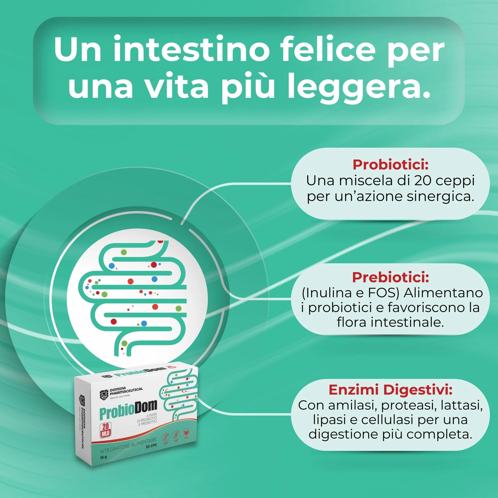 Probiotici e Prebiotici 20 Ceppi Formula Completa Bromelina Enzimi Digestivi Vitamine 30 CPS Vegane Domina Pharmaceutical