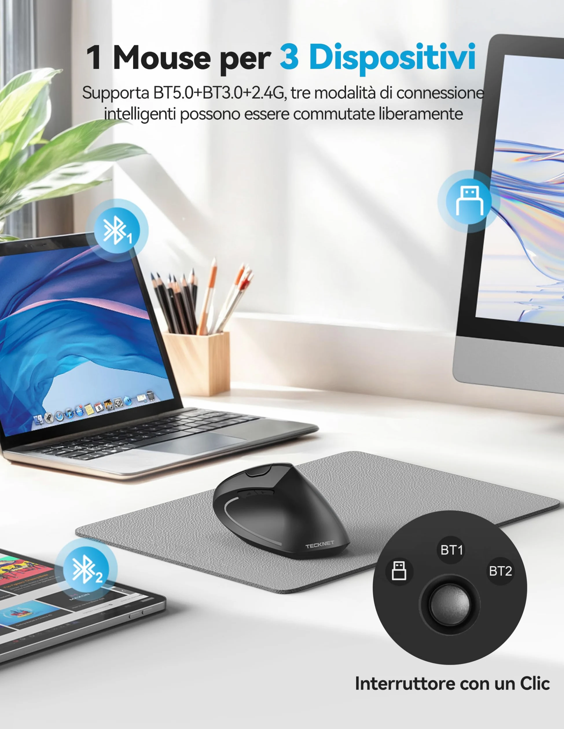 TECKNET Mouse Verticale, Mouse Bluetooth Ergonomico Ricaricabile, Wireless Ottico Right Handed 6 Pulsanti, Multi-dispositivo (BT5.0/3.0+USB-A), 4800 DPI 6 Livelli Regolabili, Ampia compatibilità-Nero