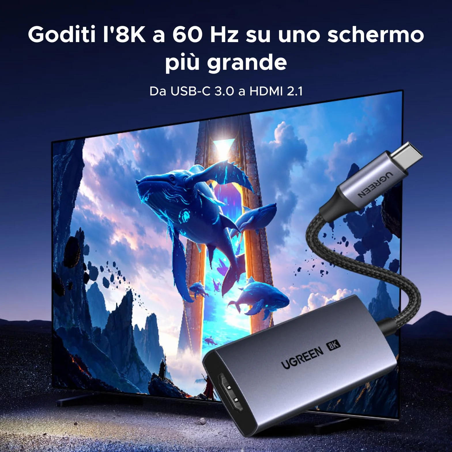 UGREEN Adattatore da USB C a HDMI Femmina 8K 60Hz 48Gbps Compatibile con iPhone 17 Pro Max Air iPhone 16 Plus Pro Max MacBook M4 M3 iPad Air Galaxy S25 S24 Ultra Cavo Tipo C HDMI2.1 Thunderbolt 4 3