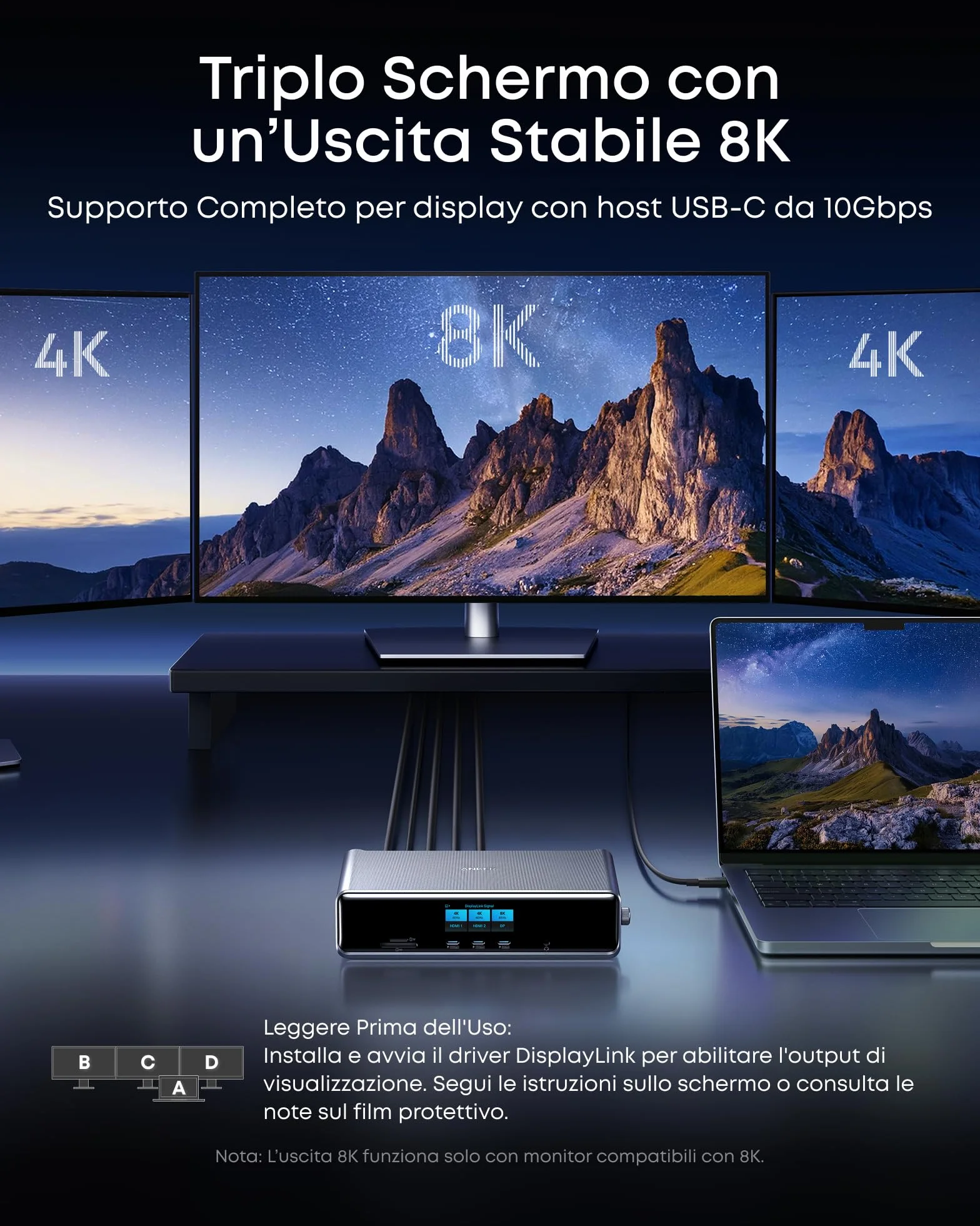 Anker Prime Docking Station 14 in 1, con Triplo DisplayLink, Porta USB C Fino a 140W, Schermo Smart e Ventola Integrata, Supporto 8K, Compatibile con MacOS e Windows (Richiede Driver DisplayLink)