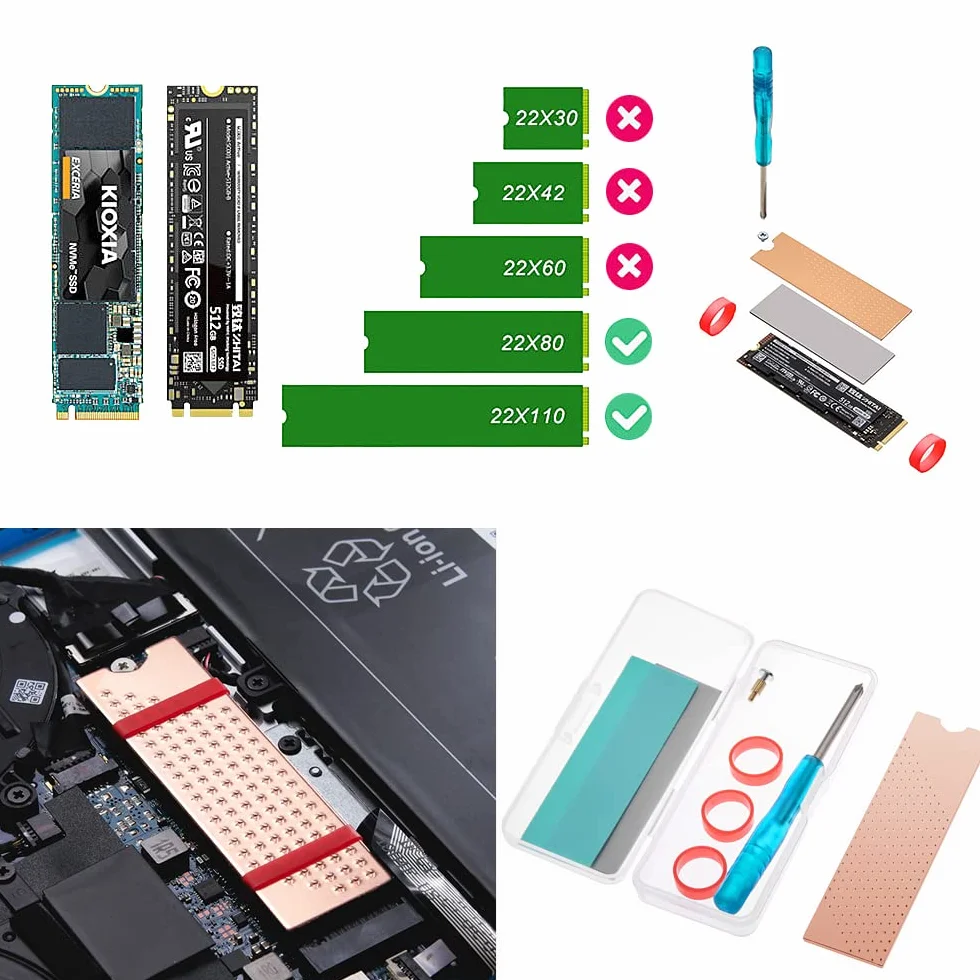 M.2 Nvme SSD Dissipatore di Calore in Rame con Nano Pad Termici, viti, anelli in silicone (74 x 22 x 1 mm)