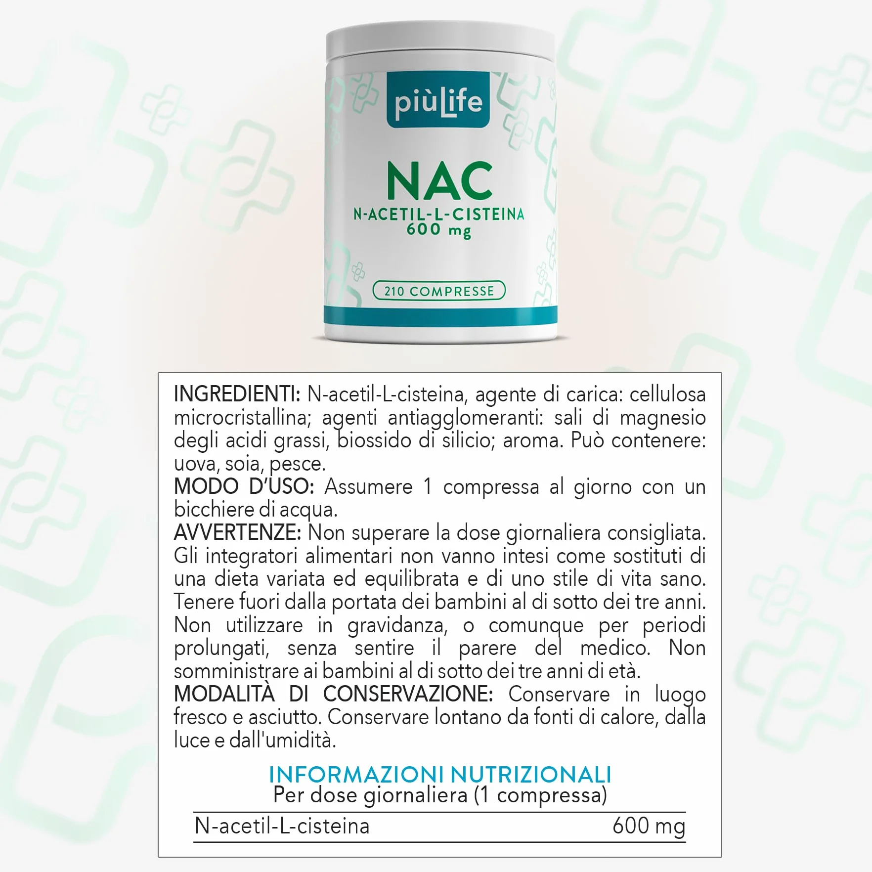 PiùLife NAC N-Acetil-Cisteina 600mg 210 Compresse Integratore Antiossidante Mucolitico