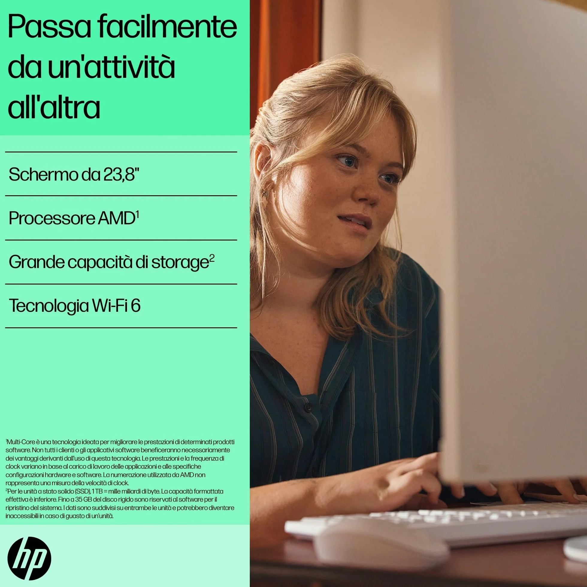 HP 24-cr0002sl All-in-One AMD Ryzen 3 7320U 8GB RAM LPDDR5 512GB SSD NVMe Display 23,8" FHD IPS Windows 11 Bianco