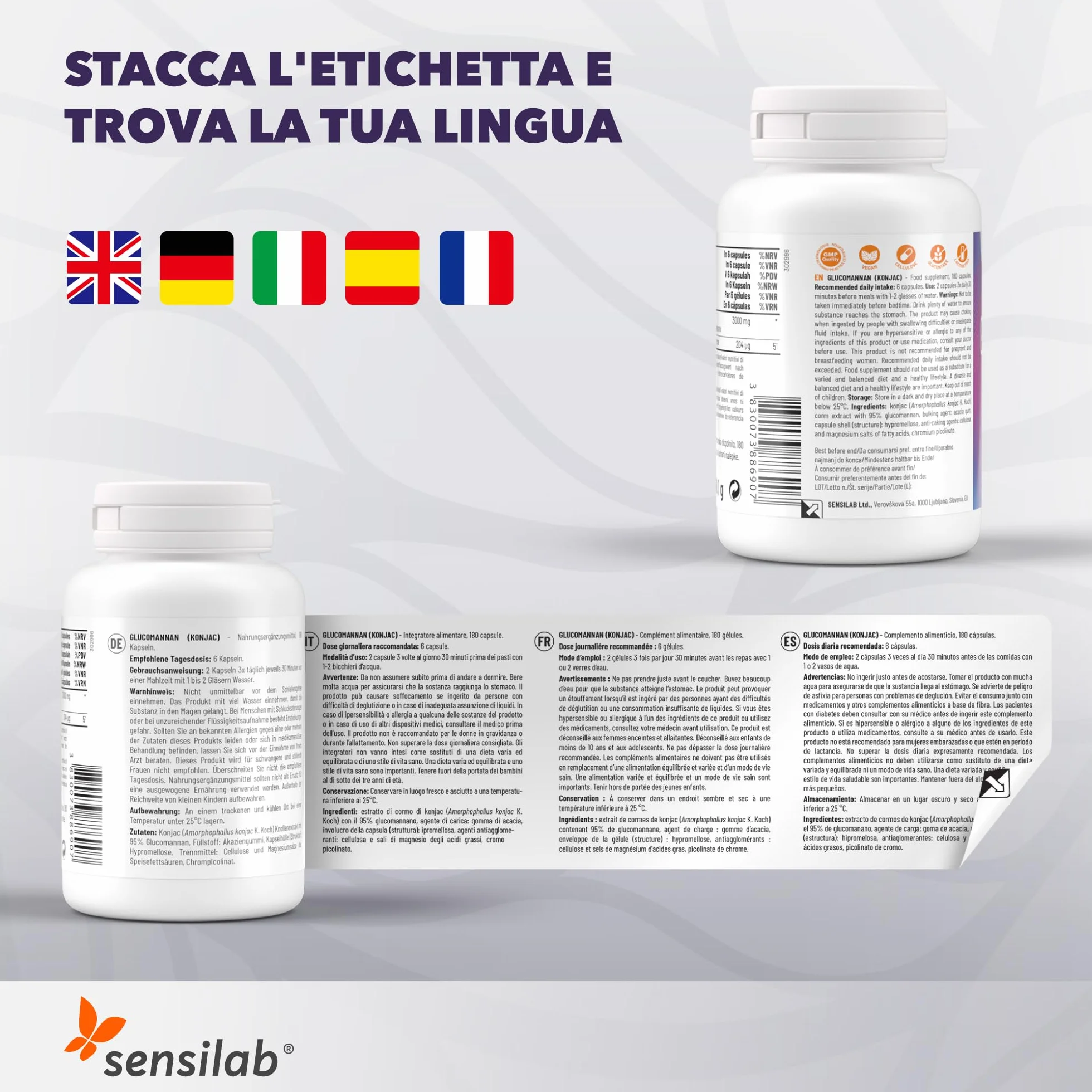 Glucomannano Konjac 3000 mg Capsule Alto Dosaggio con Cromo Fibre Vegane 180 capsule Sensilab Essentials