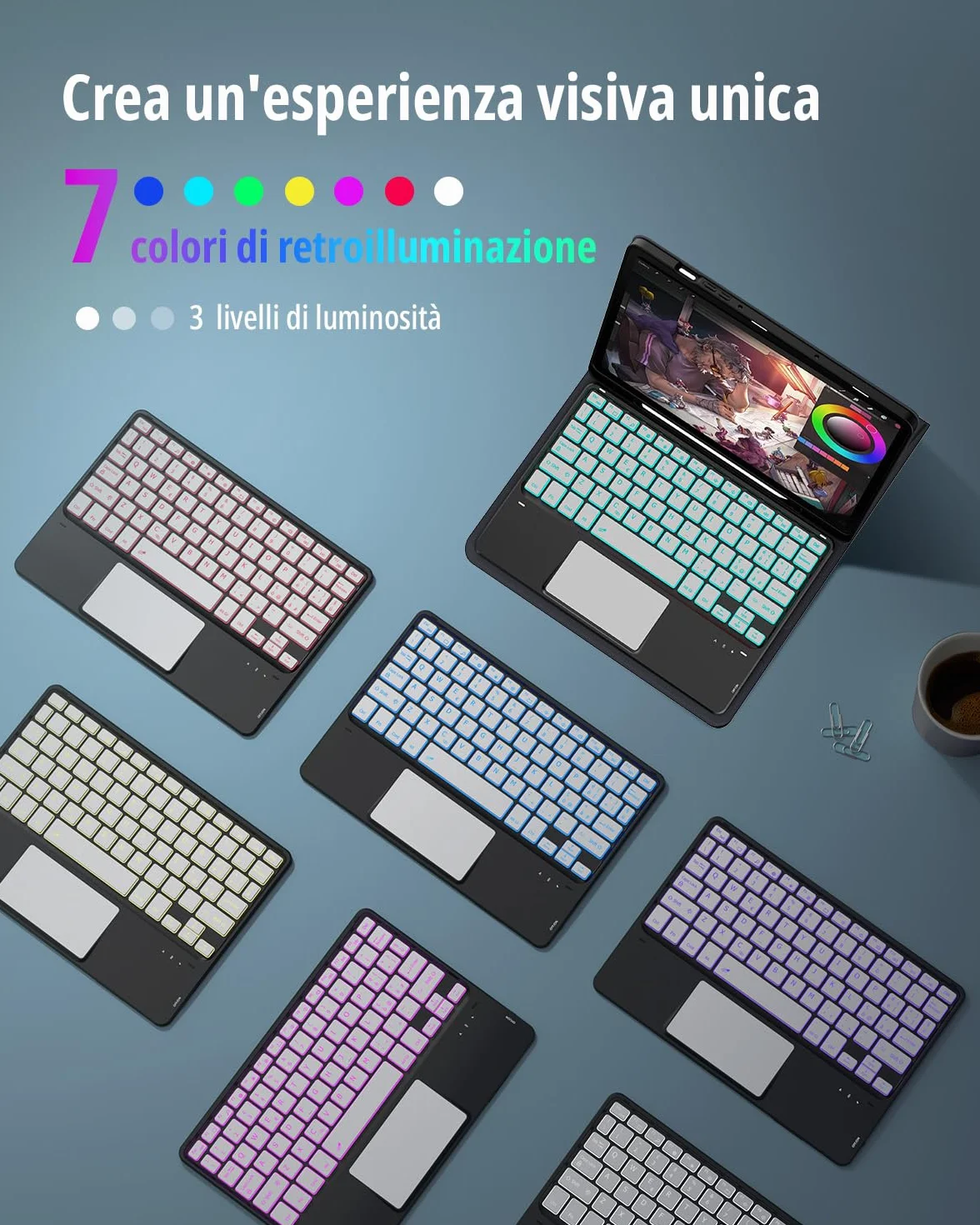 CACOE Cover con Tastiera Compatibile con Samsung Galaxy Tab S10 Lite / S10 FE / S9 FE/S9 10.9"/11" (2025/2023) con Touchpad, Tastiera Wireless Staccabile con Illuminazione a 7 Colori, Nero