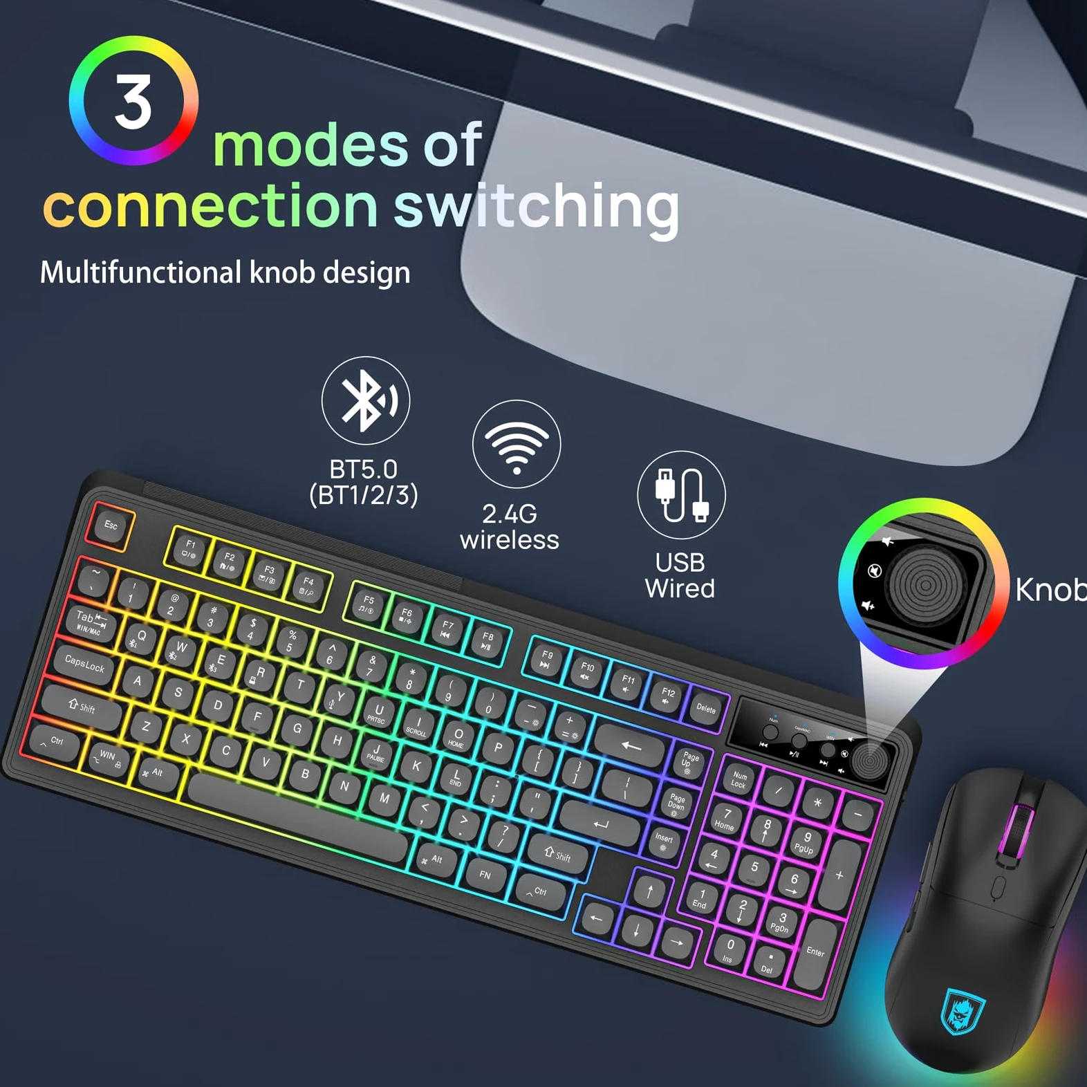 KOLMAX BT98 - Tastiera e mouse wireless combinati, tripla modalità 2,4 G/cablato/Bluetooth, tastiera e mouse da gioco ricaricabile, ergonomica, retroilluminata RGB, con manopola, per PC/Mac/Tablet