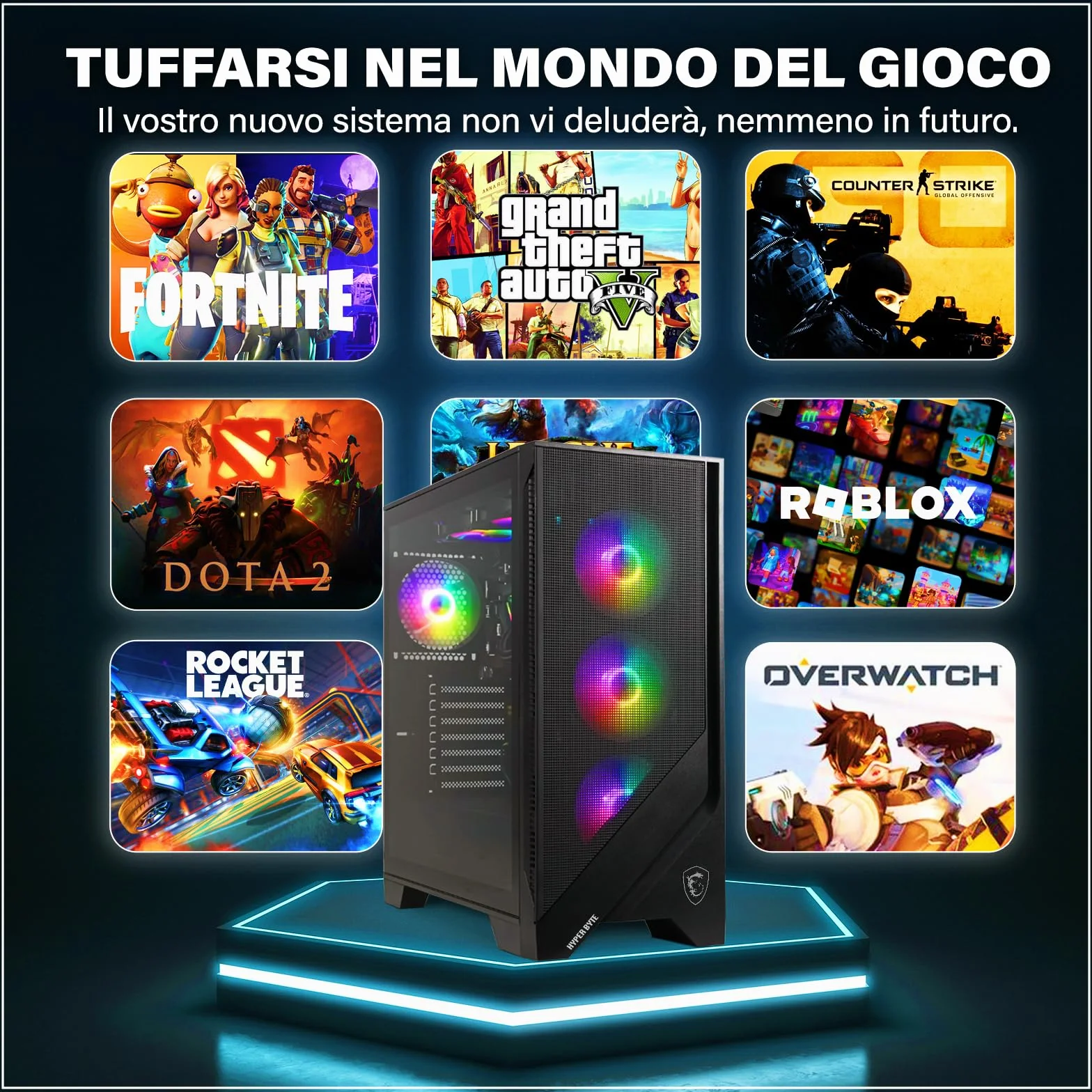 HYPER BYTE® - Gaming PC - Set completo con AMD Ryzen 7 5700G fino 4,6 GHz | 16GB DDR4 | 1TB SSD | Watercooling | Monitor 25 pollici | mouse & tastiera | QWERTY| Win11 Pro | Computer fisso per gamer