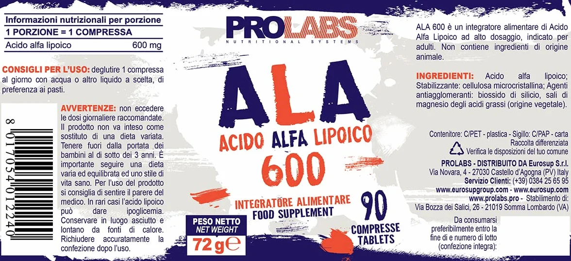 PROLABS Acido Alfa Lipoico ALA 600 mg 90 Compresse Antiossidante Vegan