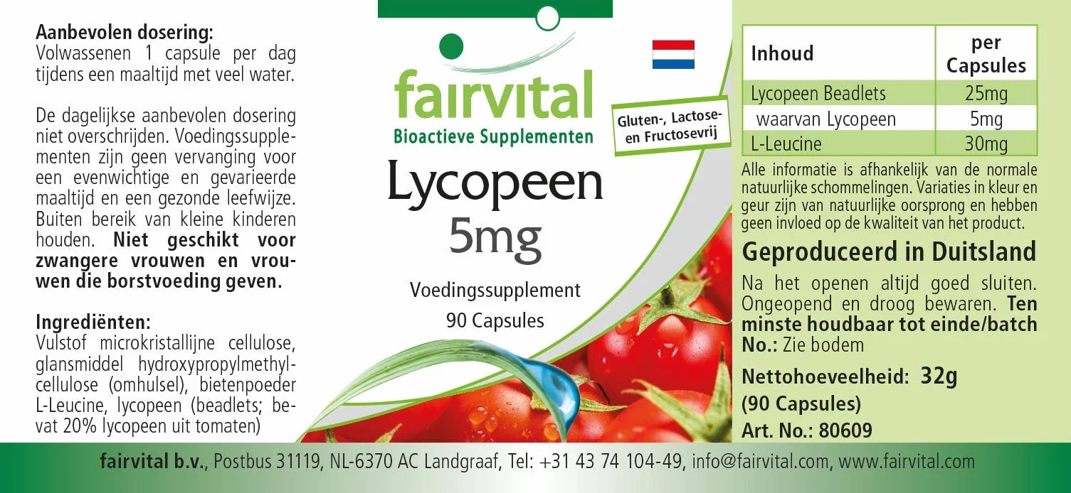 Fairvital Capsule di Licopene 5 mg, 90 Capsule, Alto Dosaggio, Vegane, da Estratto di Pomodoro