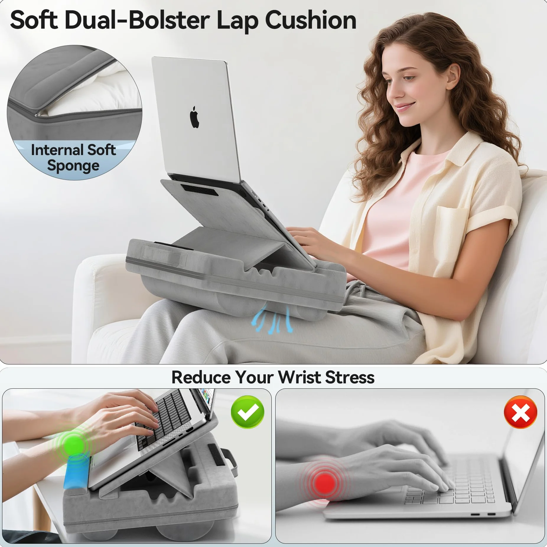 Cuscino per Computer Portatile, Porta PC Scrivania con 3 Angolazioni Regolabili, Cuscino Laptop con Poggiapolsi, Adatto a Laptop Fino a 16”, Supporto Laptop Scrivania Adatto per Lavoro e Domestico