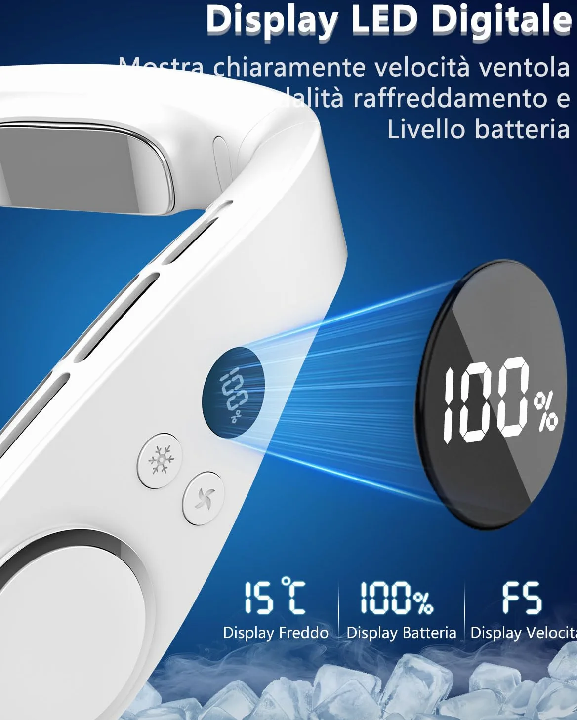 Ventilatore da Collo Sportivo con Raffreddamento, Neck Cooler Portatile e Silenzioso con 3 Temperature e 5 Velocità, Batteria 5500mAh Autonomia 15 Ore, LED, per Corsa, Ciclismo e Fitness Outdoor