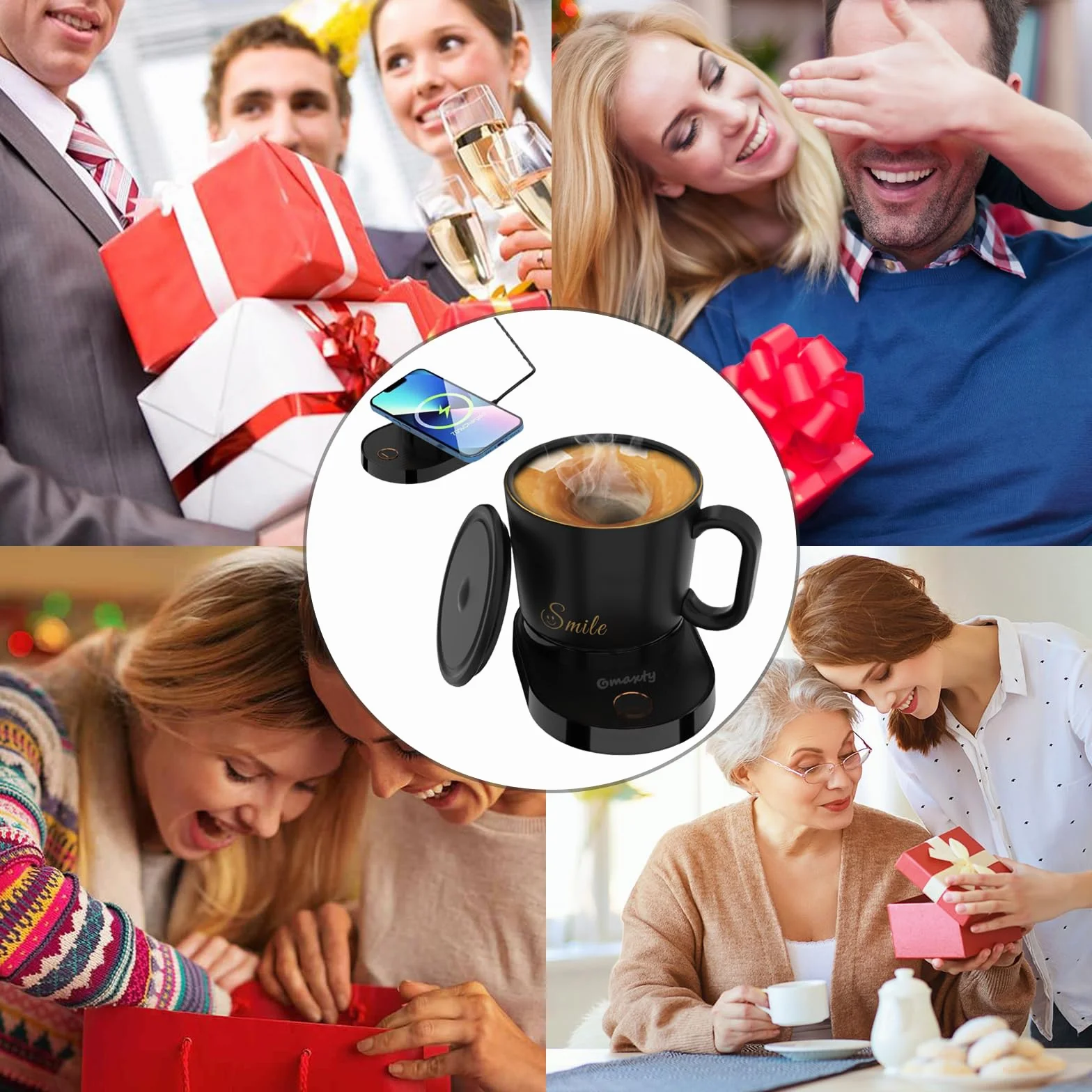 ZONSUSE Tazza Intelligente,Tazze Automescolante con Scaldatazza,Qi Caricatore Wireless,Tazza Riscaldante Temperatura fino a 55°C/131°F,per Casa,Scrivania,Ufficio, Ricarica Wireless 300ml (Nero)