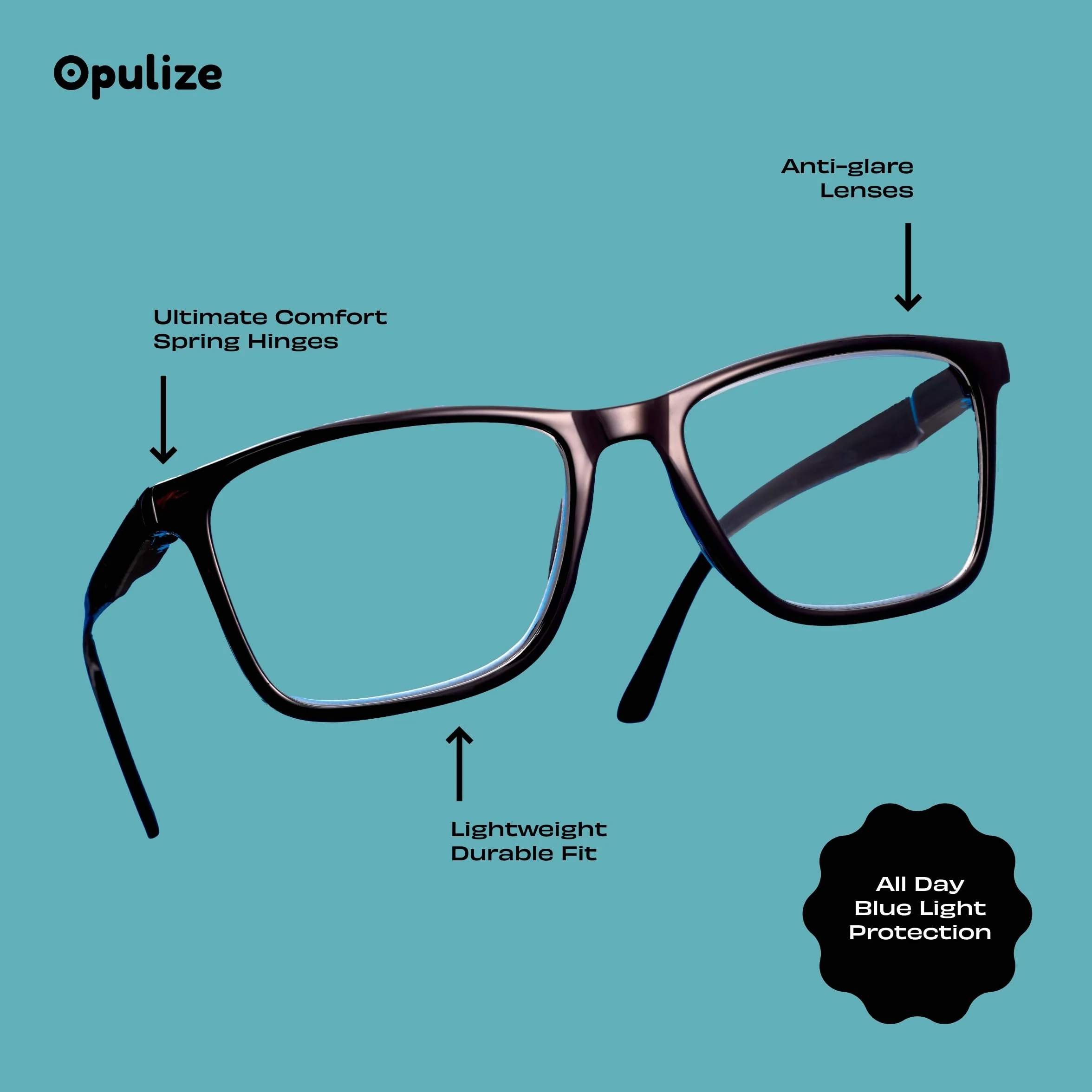OPULIZE NYX Occhiali luce blu donna uomo Antibagliore Protezione UV Rettangolare Nero