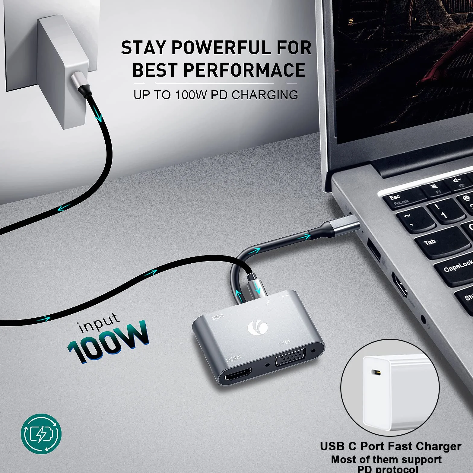 VCOM Adattatore da USB C a HDMI VAG, hub USB C 5 in 1 con HDMI 4K, 100 W PD, porta USB 3.0, VGA, adattatore OTG, docking station per MacBook Air, iPad Pro, laptop, Dell XPS, Samsung Galaxy