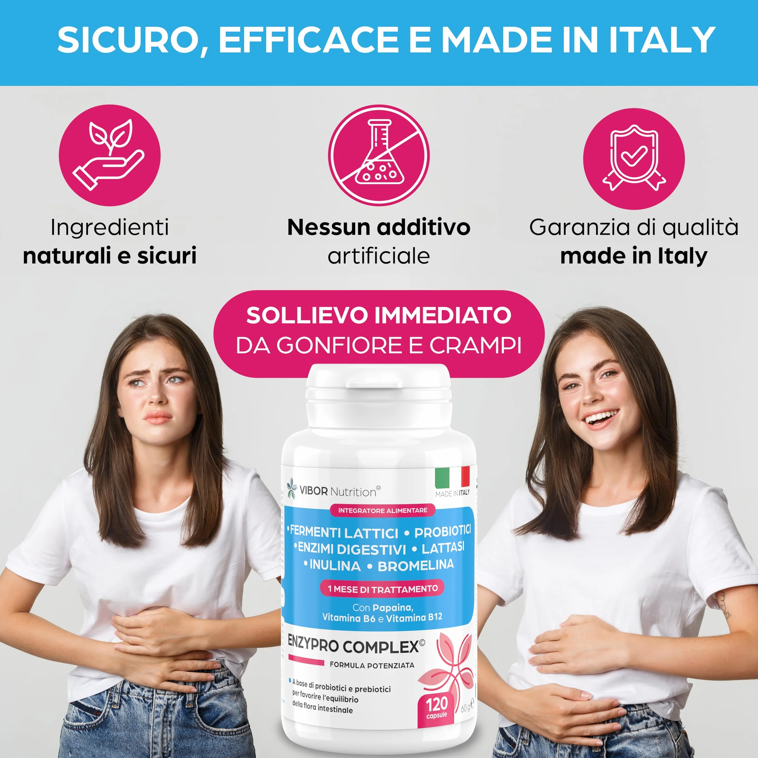 Vibor 120 Cps Enzypro Complex 3 in 1, Fermenti Lattici Probiotici E Prebiotici Per Intestino + Enzimi Digestivi Bromelina Plus Forte Drenante, Lattasi, Inulina, Riduce Il Gonfiore Addominale, Per Adulti